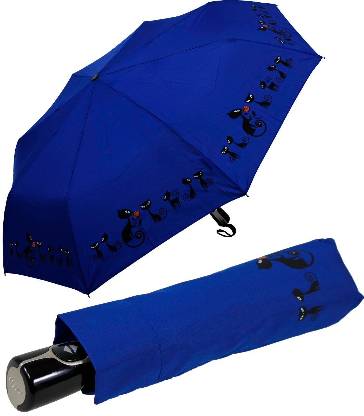 doppler® Taschenregenschirm Damen Auf-Zu-Automatik Magic Fiber - Cats, für Katzen-Liebhaber - elegant, stabil und praktisch blau