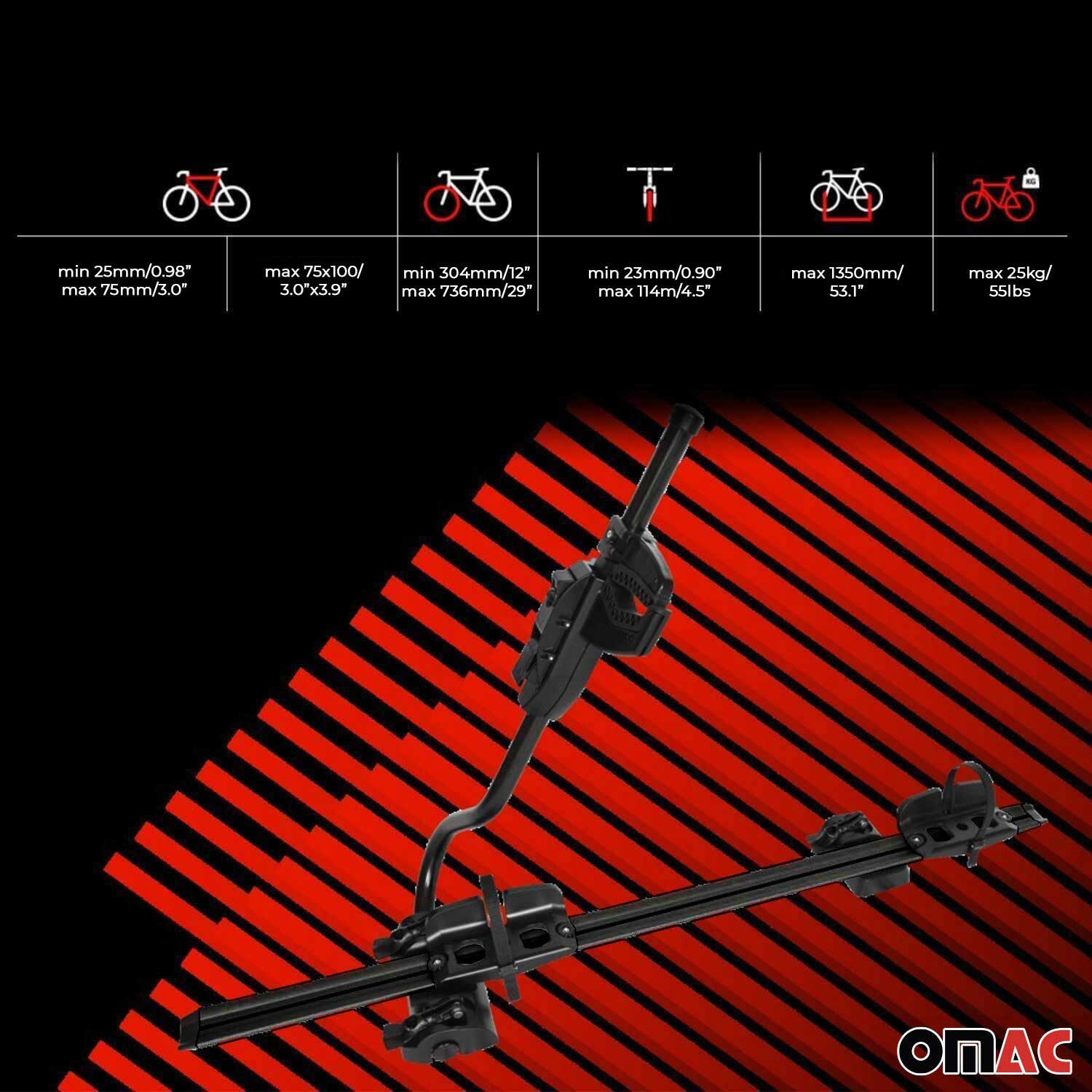 OMAC Dachfahrradträger 2x Fahrradträger bis 25kg ABE P-Style Dachfahrradträger EBike FatBike, (2-tlg), Rostbeständig, Abnehmbar, Leichtgewichtig