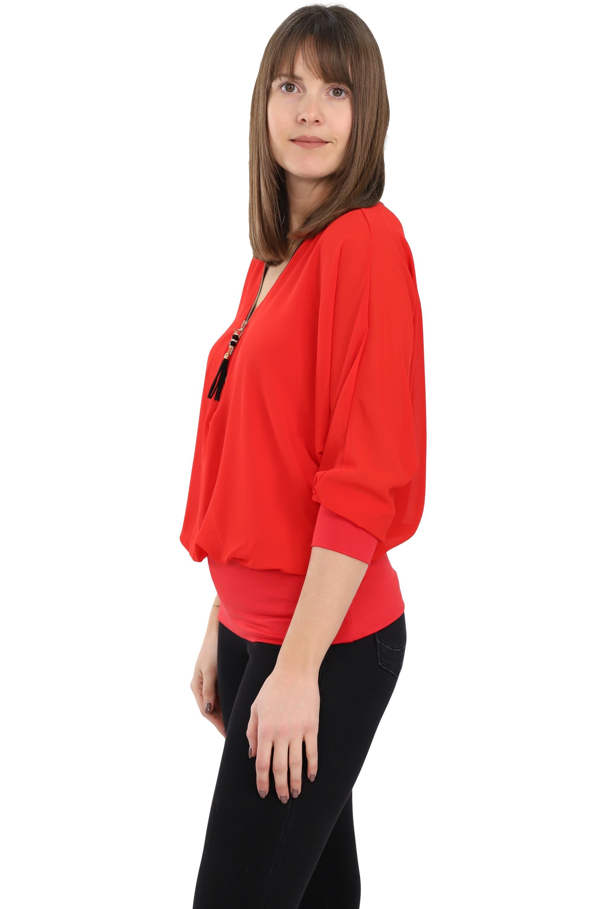 malito more than fashion Chiffonbluse malito Damen Bluse im Fledermaus Look, Tunika mit Zipper, kurzarm Bluse mit Fledermausärmeln Einheitsgröße
