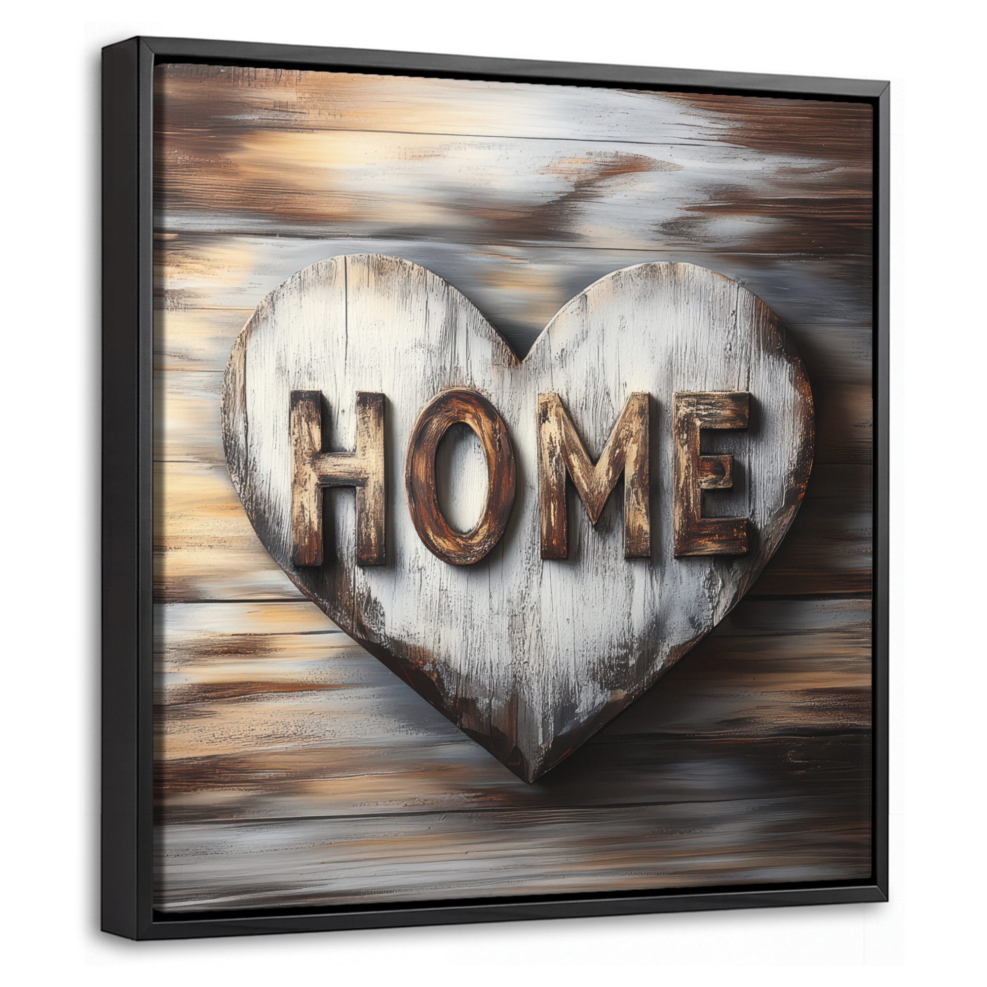 OneMillionCanvasses® Leinwandbild mit Rahmen - Zuhause - Herz - Holzoptik - Liebe, Fotodruck (1 St), Leinwand Bilder Klein, Wand Dekoration Aesthetic 20x20cm