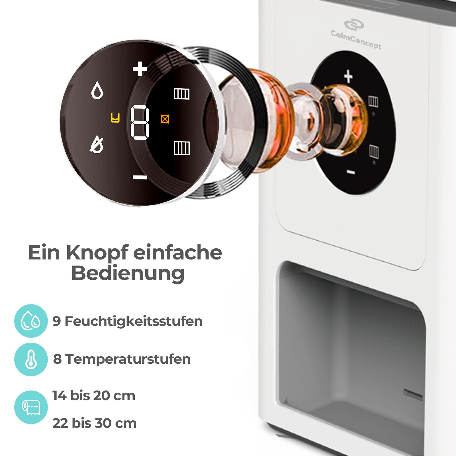 NAIPO Papiertuchspender CalmConcept® Warmtuchspender Warme Feuchttücher auf Knopfdruck, mit 9 Feuchtigkeitsstufen 8 Temperaturstufen und 1400 ml Wassertank