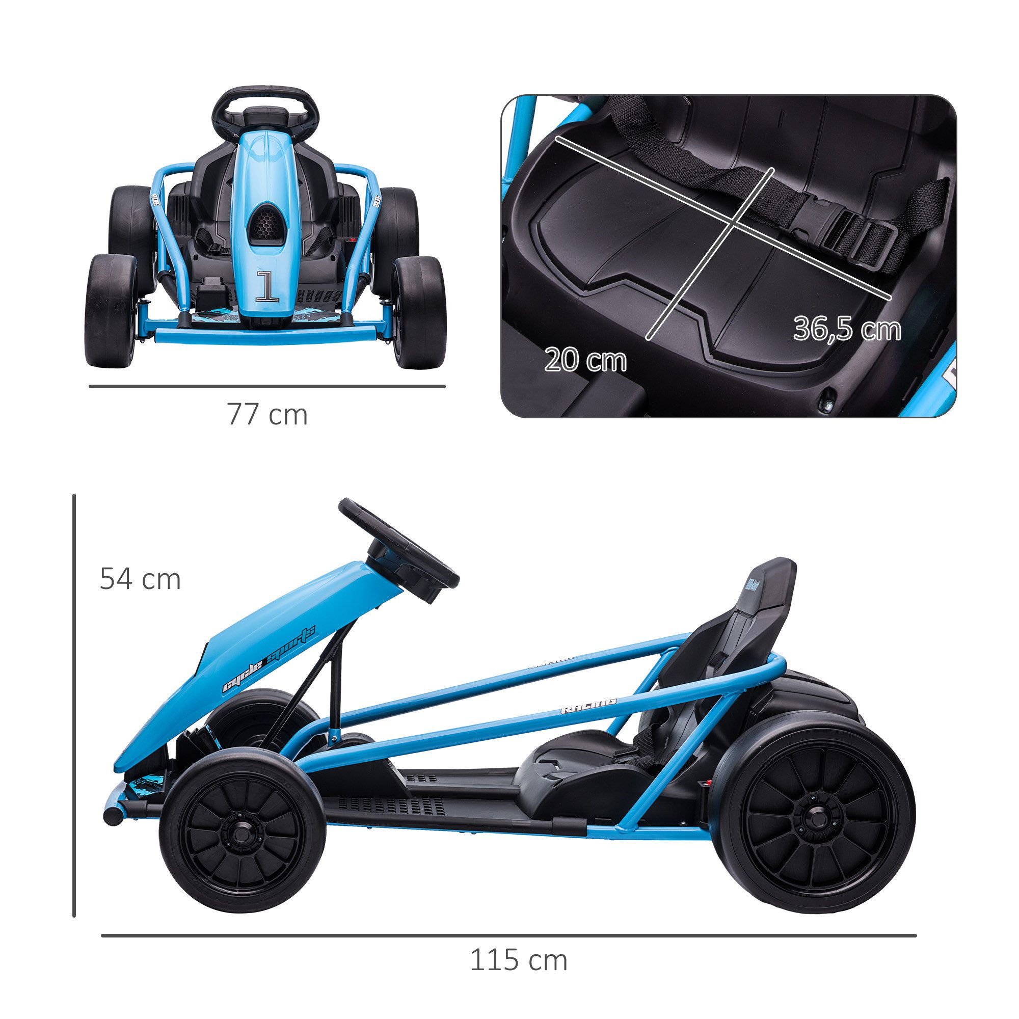 HOMCOM Elektro-Kinderauto Kinder Elektro Gokart 24 V Drift Kart mit Langsamem Start, Musik, Belastbarkeit 70 kg, (1-tlg), für 8-12 Jahre Kinder, Blau