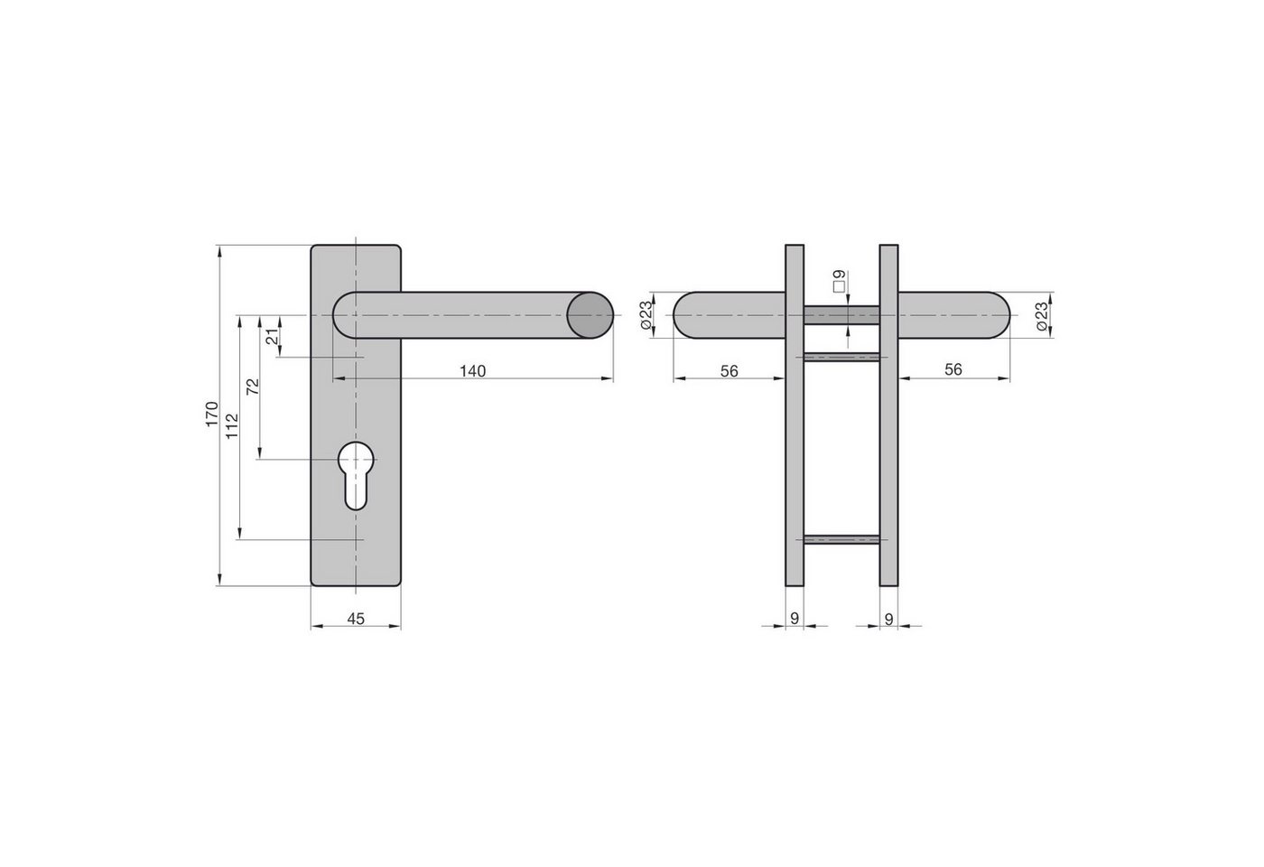 Thumbnail - BASI Türbeschlag Drücker-Garnitur (Packung), Feuerschutzbeschlag PZ 72/9 mm, Aluminium F1, Türstärken 44 - 66 mm