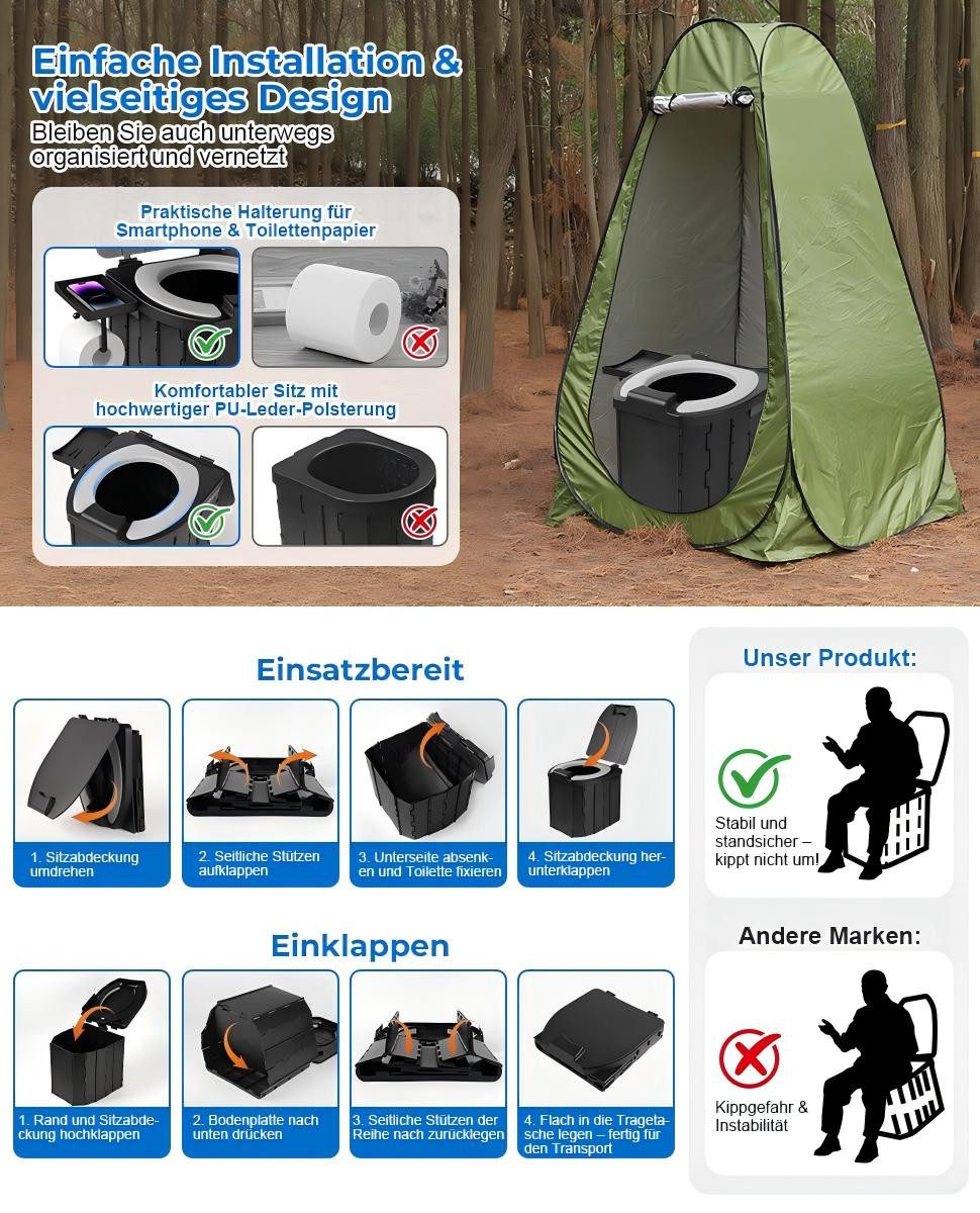 QUBEBU Campingtoilette Mobile Campingtoilette Faltbar, mit Toilettenpapierhalter, Deckel, (Reise-Toilette, faltbar und leicht zu reinigen, Lieferumfang: 1x Faltbare Toilette,1x Tragetasche, 10x Plastiktüten)