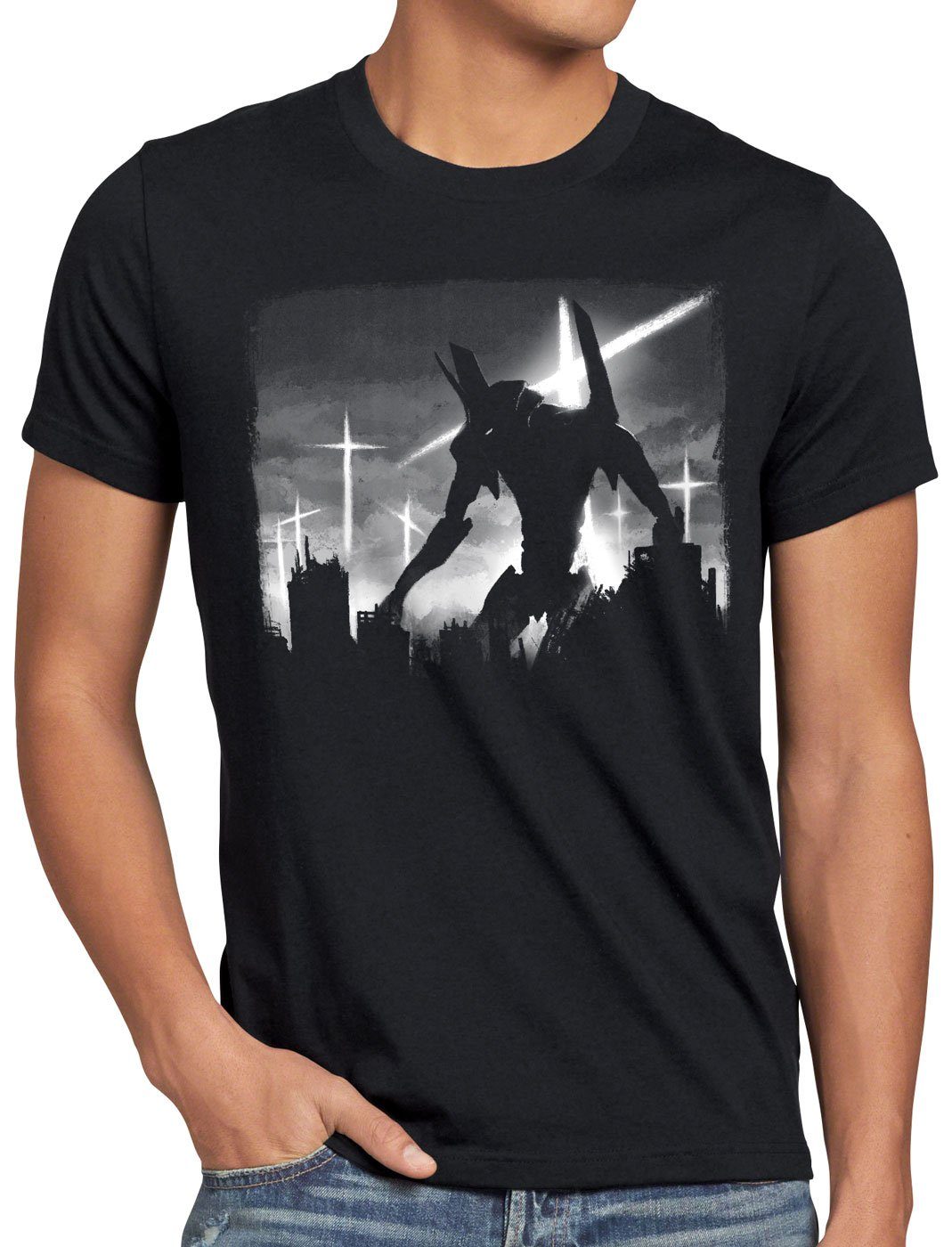 style3 Print-Shirt Herren T-Shirt Evanglion Cityscape evangelion anime roboter kaiju | T-Shirts