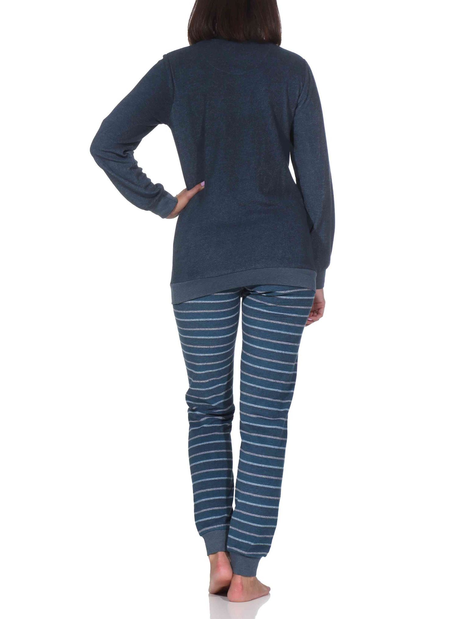 Normann Pyjama Normann Damen Frottee Schlafanzug langarm mit Bündchen Hose gestreift – Bild 3 von 5