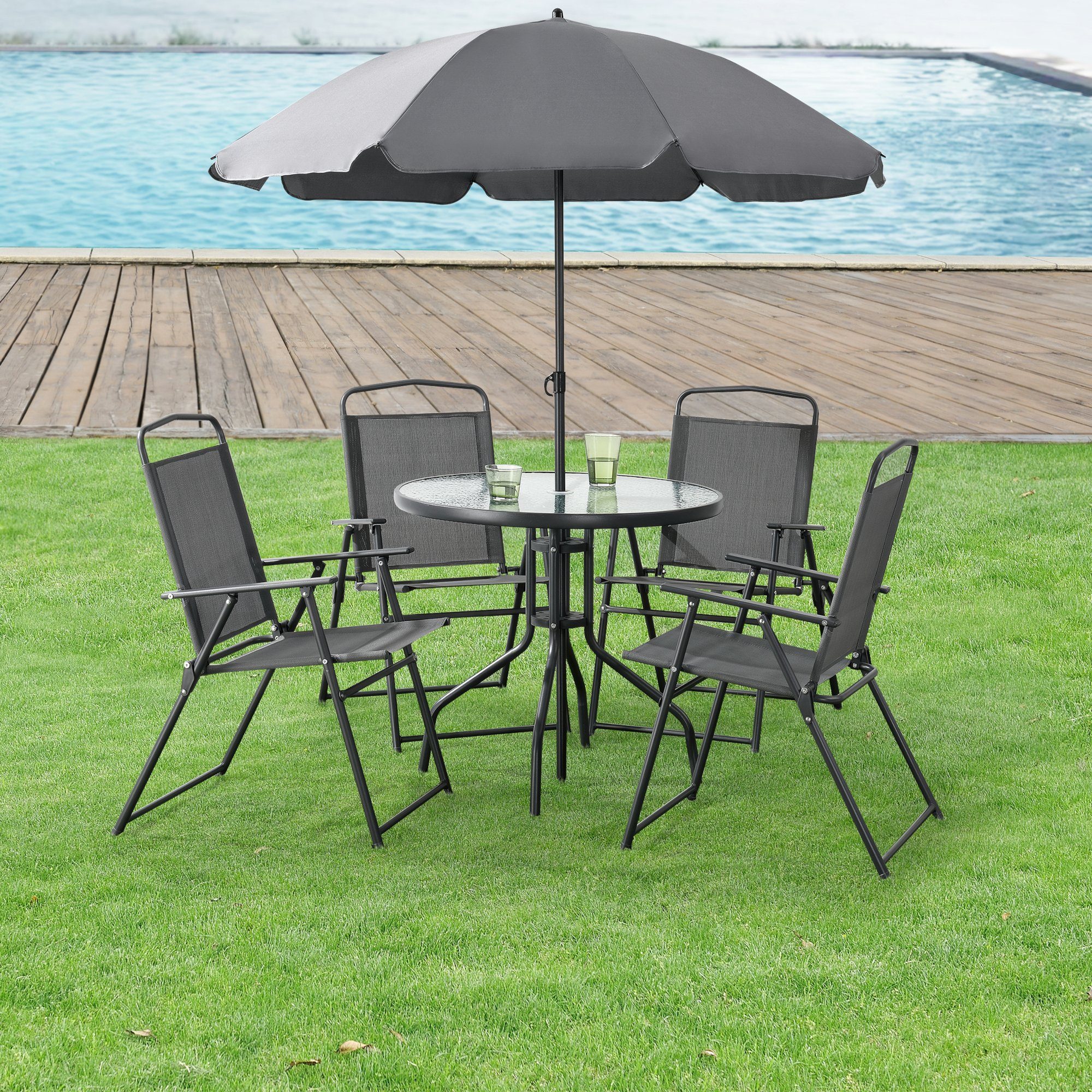 en.casa Gartenlounge-Set, (6-tlg., 4 Stühle, 1 Tisch, 1 Sonnenschirm), »Milagro« Lounge Garnitur mit 4 Stühlen und Sonnenschirm Dunkelgrau