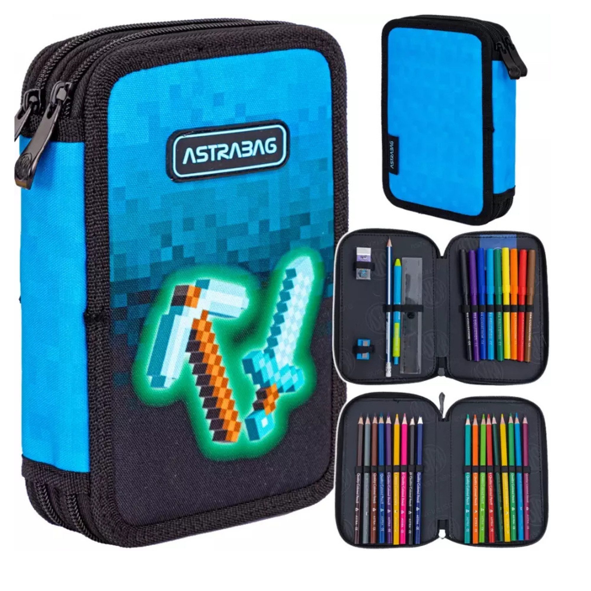 GOLDKIDS Federmäppchen 2 Fächer - Mäppchen für Mädchen und Jungen -, (Federmappe 2-Fach Federtasche, 1-tlg., Gefüllte Schüleretui Schulmäppchen), und Hausaufgabenheft - Blue Pixel