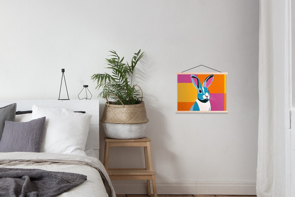 MuchoWow Poster Hase - Farbtaschen - Ohren - Rosa, (1 St), Posterleiste, Textilposter für Wohnzimmer, Bilderleiste, 40x30 cm