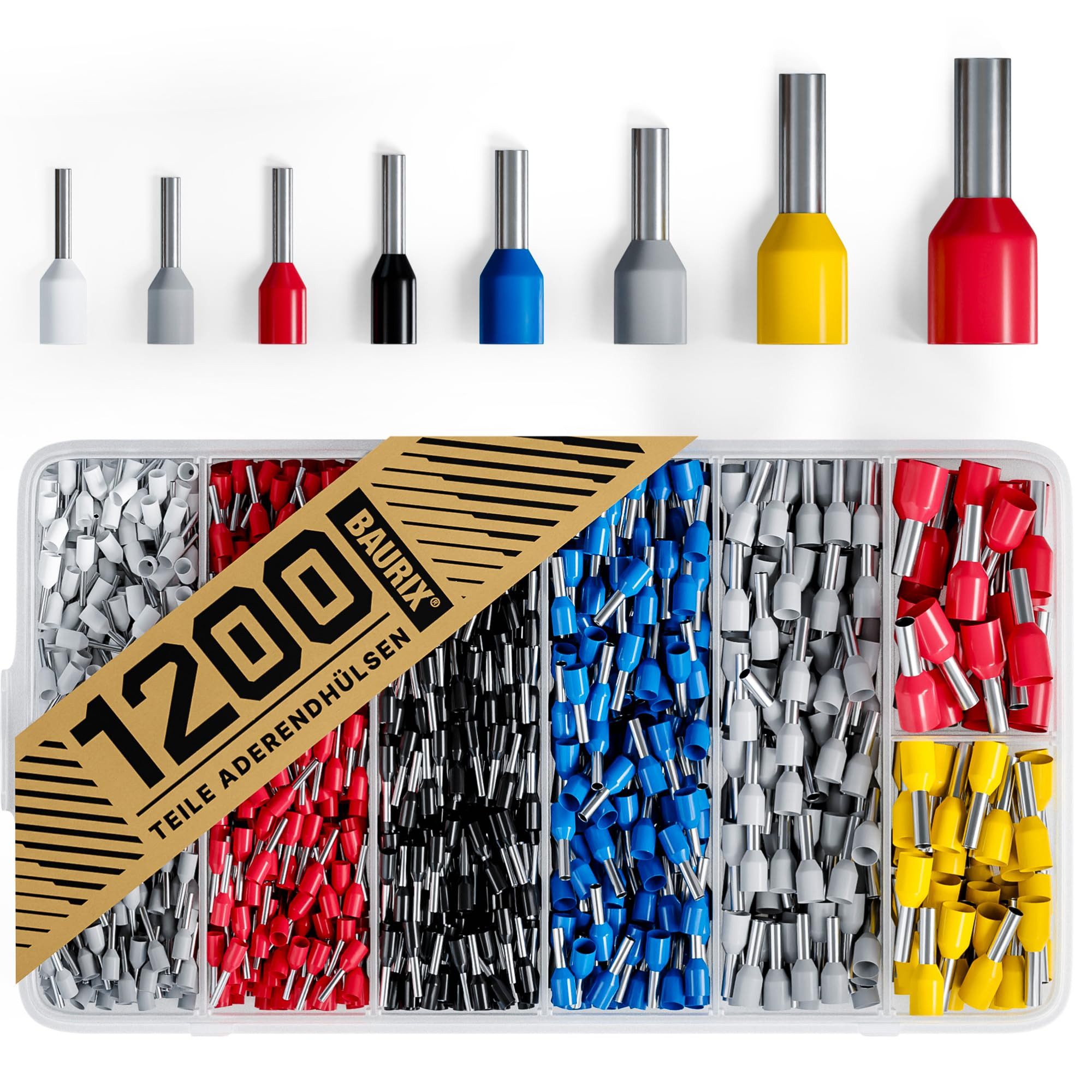 BAURIX Aderendhülsen Sortiment I Isolierte Hülsen nach DIN 46228-4: 2020-03, 0,5 mm² - 10 mm² I Profi Isolierhülsen Set