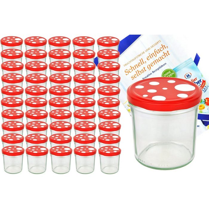 MamboCat Einmachglas 50er Set Sturzglas 350 ml To 82 Fliegenpilz Deckel rot weiß gepunktet incl. Diamant Gelierzauber Rezeptheft