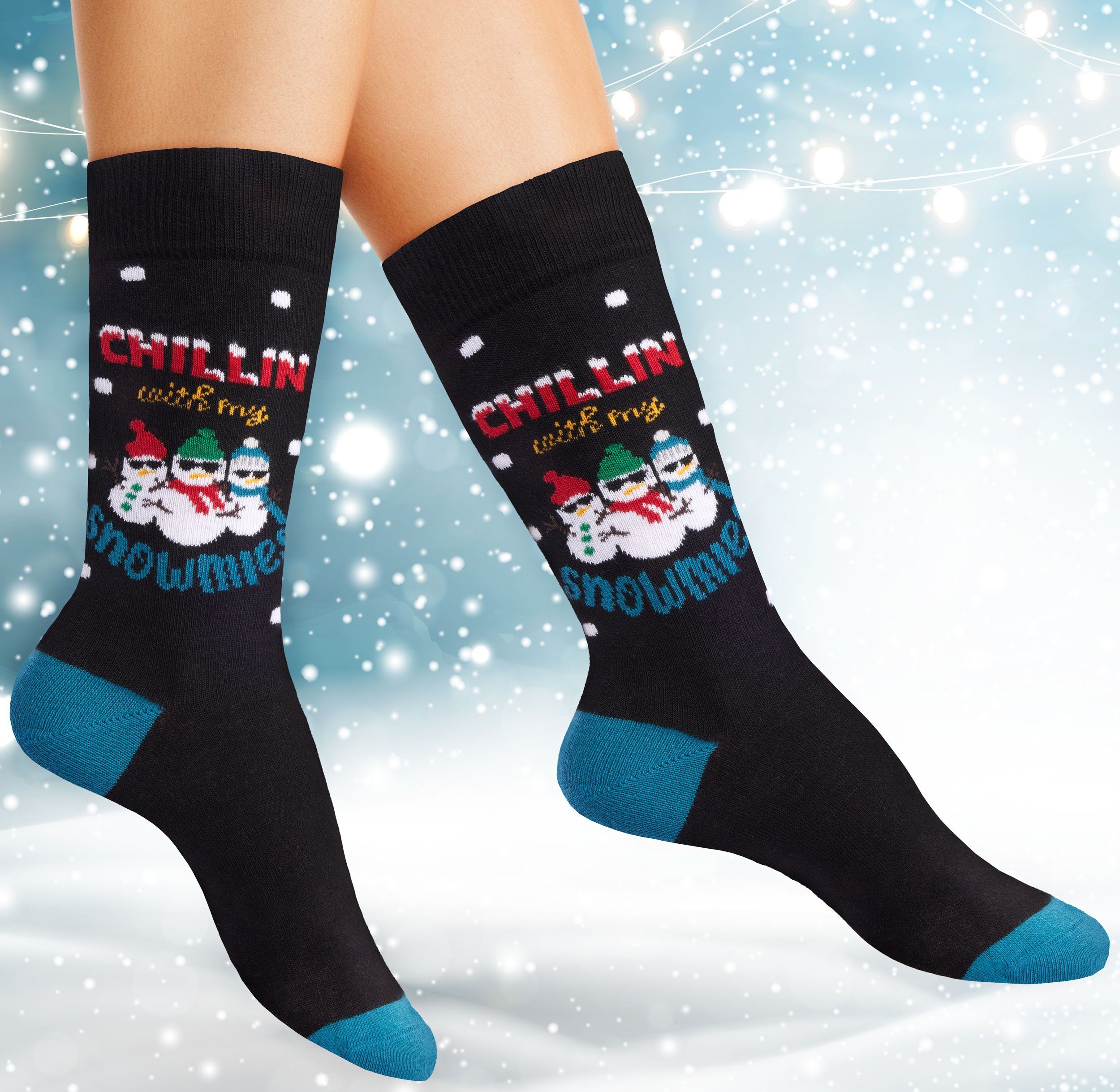 BRUBAKER Socken Weihnachtssocken - Lustige Socken für Damen und Herren (3-Paar, Unisex Baumwollsocken) Pinguine, Schneemänner und Chillin with my Snowmies