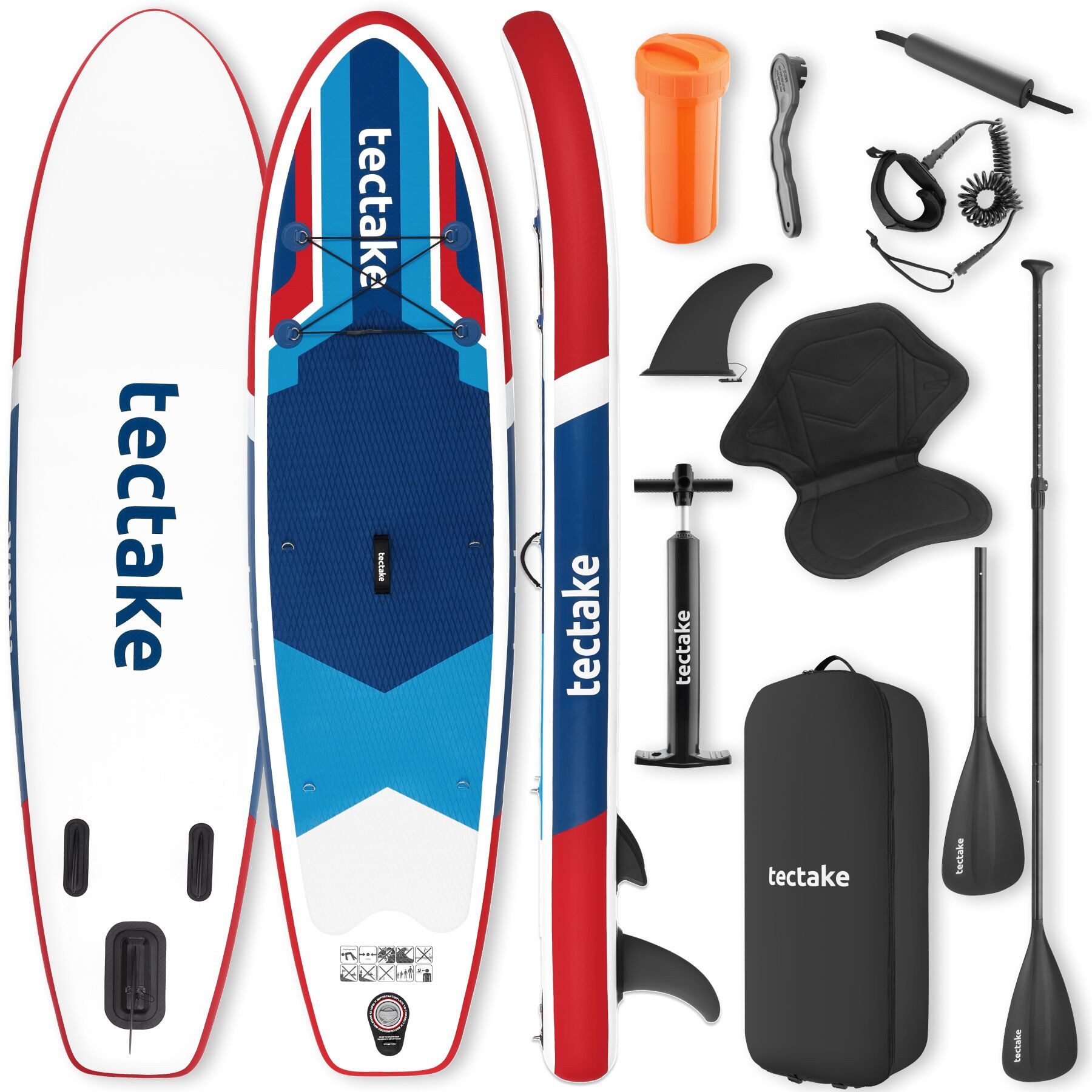 tectake SUP-Board Stand-Up Paddle Board 2in1, Belastbarkeit 200 kg, 288 x 77 x 22,5 cm, Stand-up Paddle, (Komplettset mit Rucksack, rot/blau), aufblasbar, stabil, leicht und rutschfest