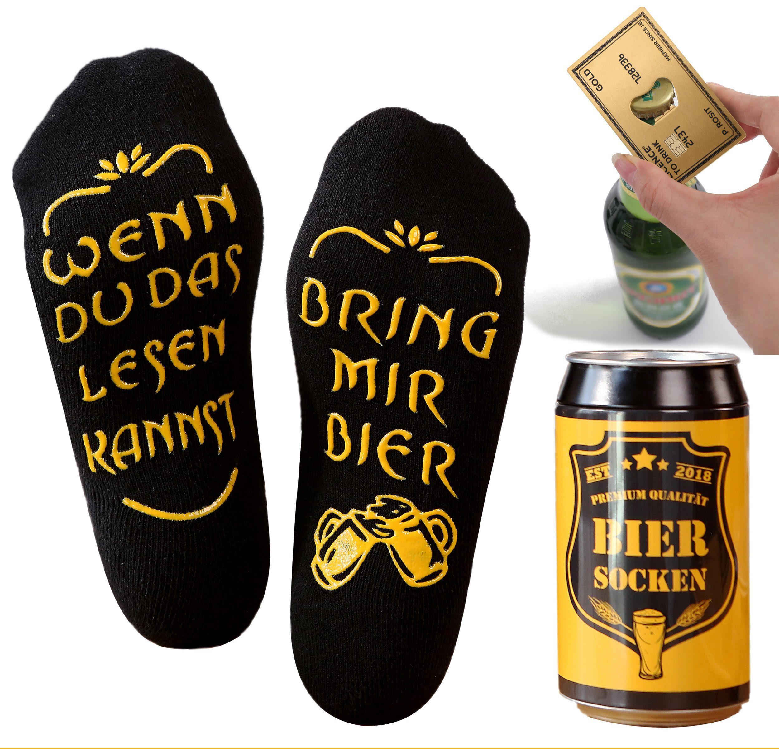 Lucadeau Freizeitsocken mit Spruch und Edelstahl Flaschenöffner, bring mir Bier Носки, (1 Paar) rutschfest, Gr. 38-44, Geschenke für Männer, Geburtstagsgeschenk