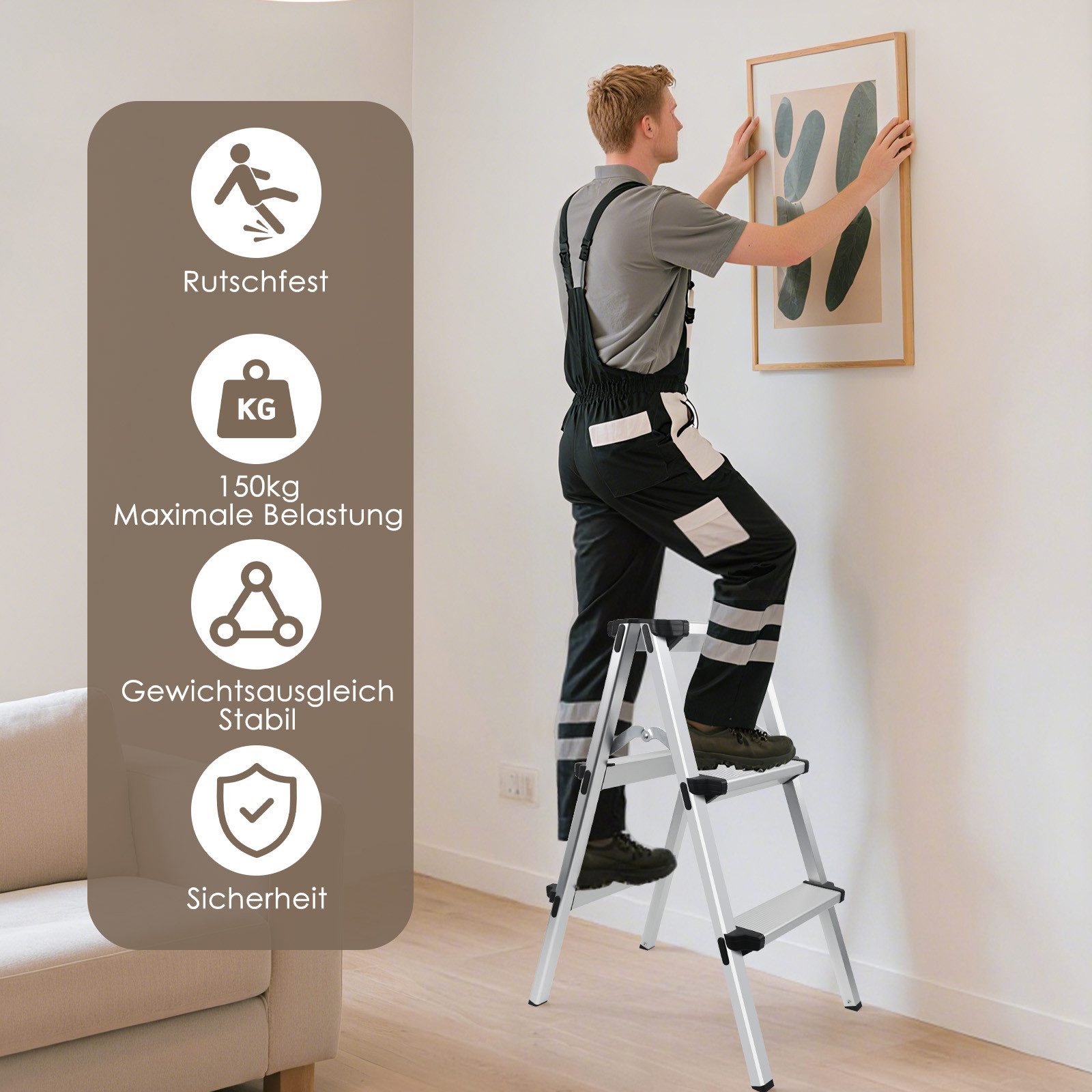 kisidus Trittleiter mit 3 Stufen/ 2 Stufen, Alu Klapptritt, Haushaltsleiter bis 150 kg, (Stehleiter beidseitig begehbar, Zweiseitige Aluleiter, Stufenstehleiter), Mehrzweckleiter