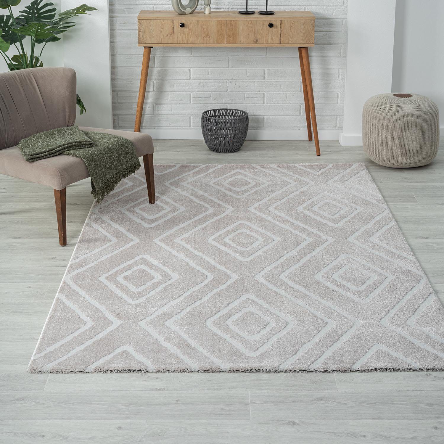 Vimoda Teppich Kurzflor Modern Super Weich, Rechteckig, 3D Effekt, Skandinavisch, Rauten, teppichwohnzimmer