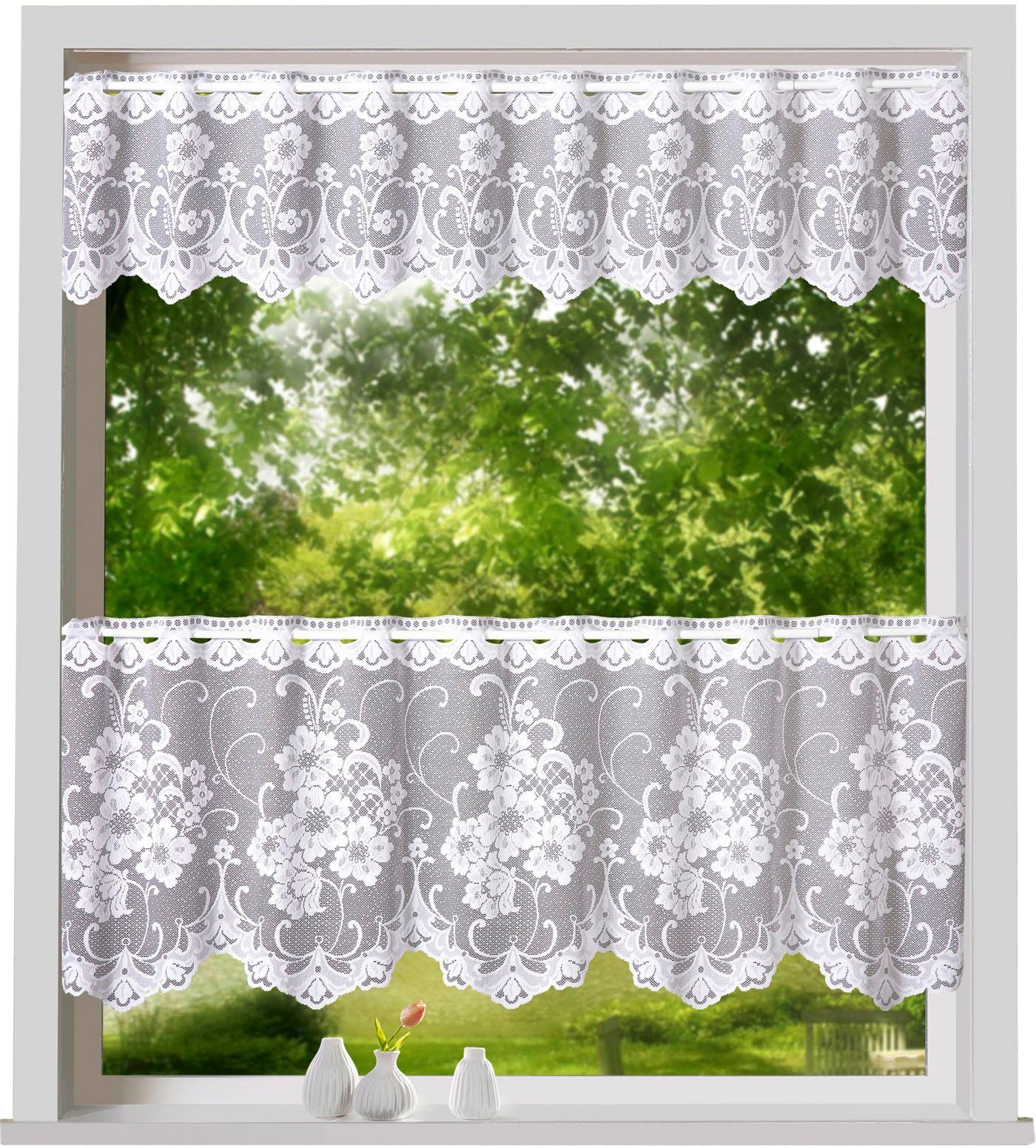 (1 Jacquard, Jacquard, Scheibengardine Weckbrodt, Mantua, St), halbtransparent, geblümt Bistro, Stangendurchzug floral, Gardine,