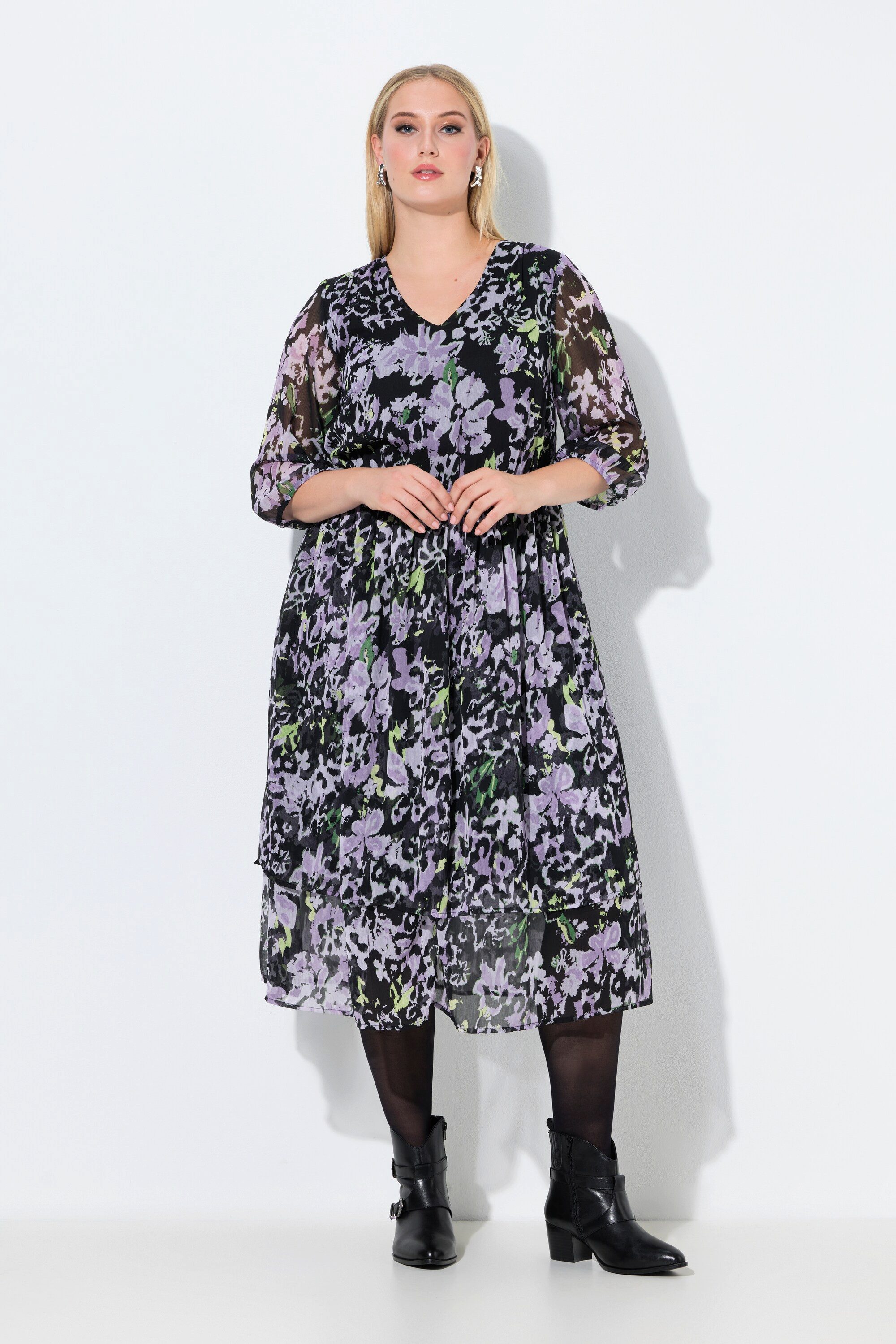 Ulla Popken Jerseykleid Chiffon-Midikleid Blüten A-Linie V-Ausschnitt