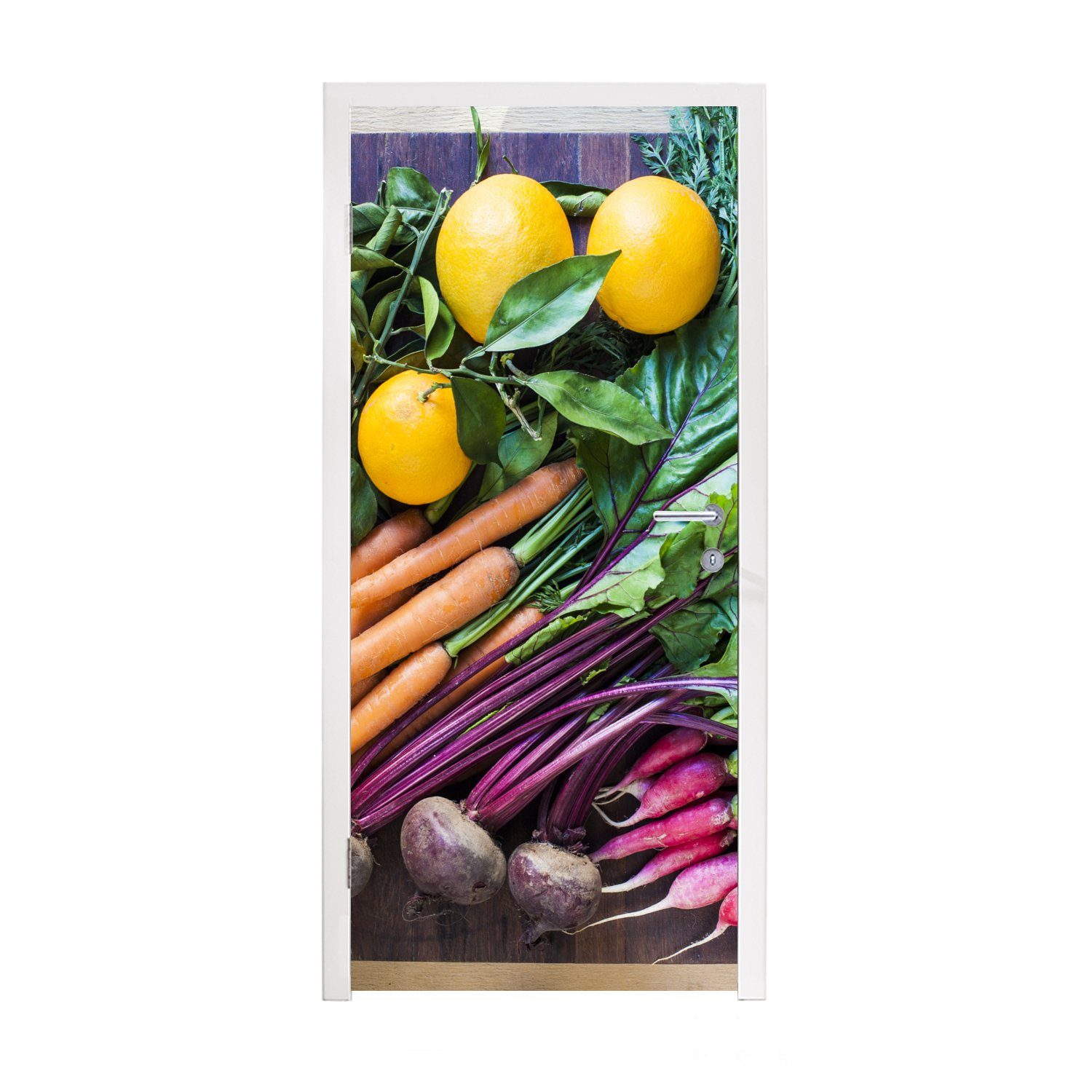 MuchoWow Türtapete Gemüse - Obst - Holzkiste, Matt, bedruckt, (1 St), Fototapete für Tür, Türaufkleber, 75x205 cm