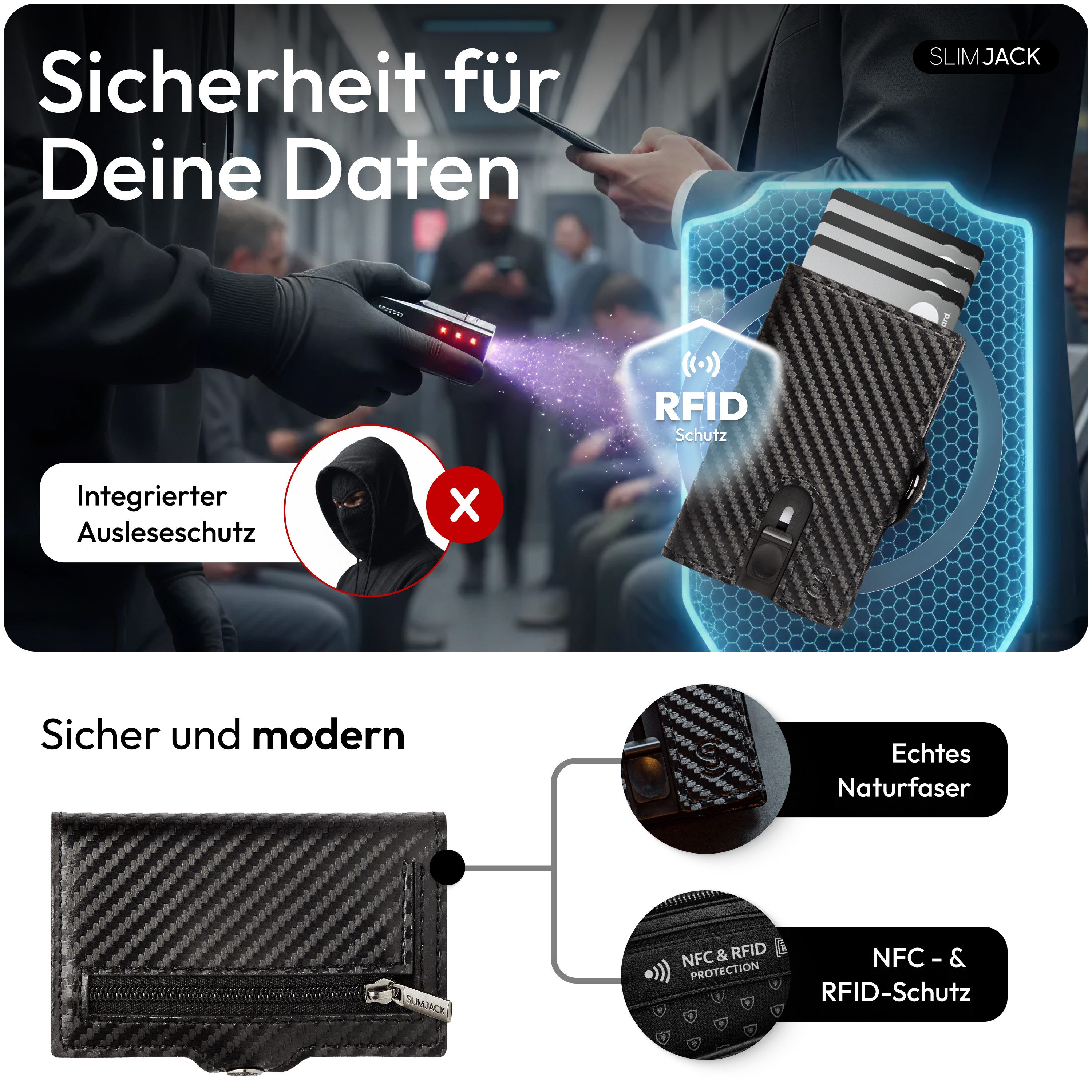 SLIMJACK Mini Geldbörse Herren - echt Leder - Münzfach RFID-Schutz - Cardholder - Slim Wallet (Portmonee), - Mini Geldbeutel - Portemonnaie - Kartenhalter - Kreditkartenetui