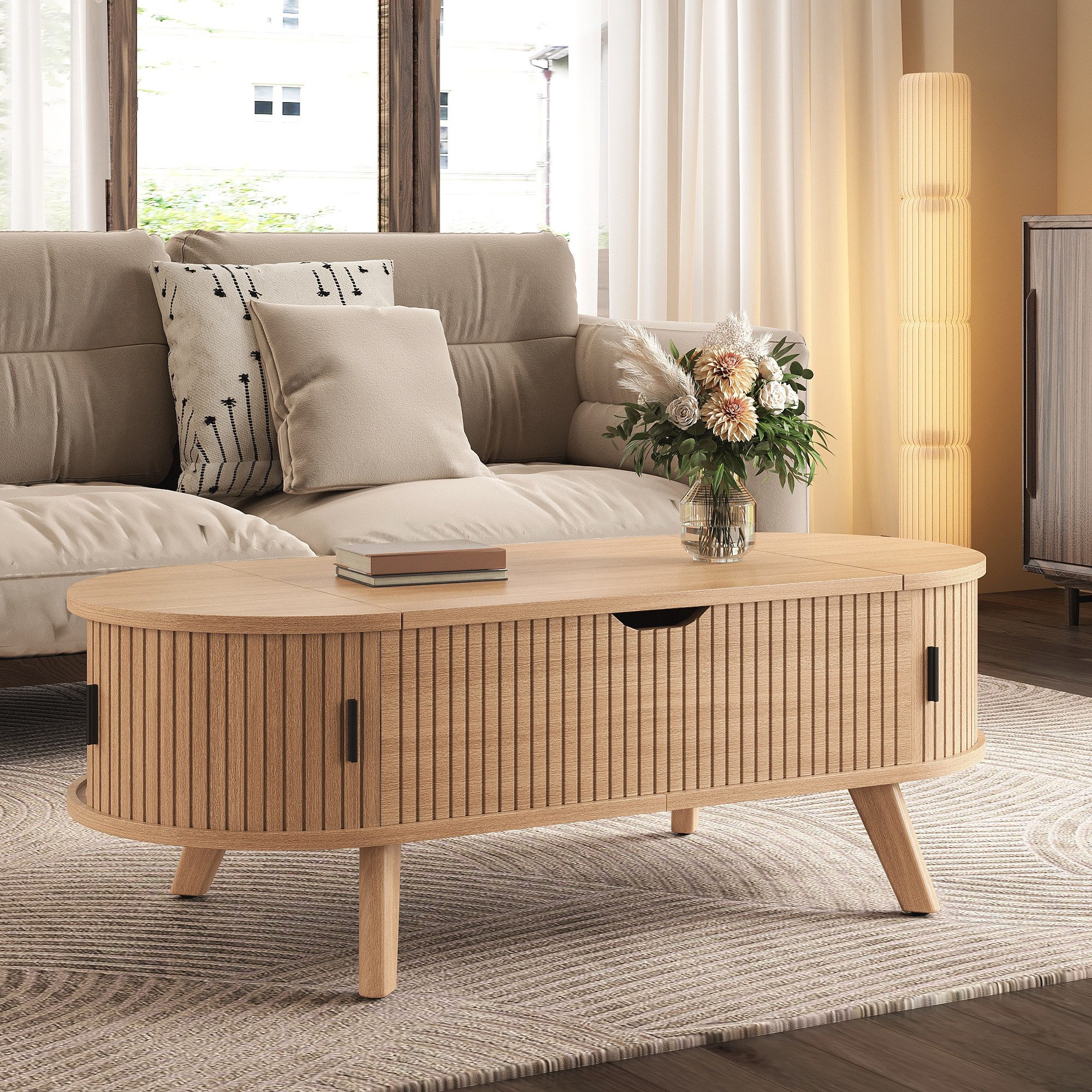Merax Couchtisch ovaler Wohnzimmertisch Beistelltisch mit höhenverstellbarer Hubplatte (1-St., 110 x 50 x 53,5 cm), Sofatisch mit verstecktem Stauraum, 2 Schieb – Bild 3 von 5
