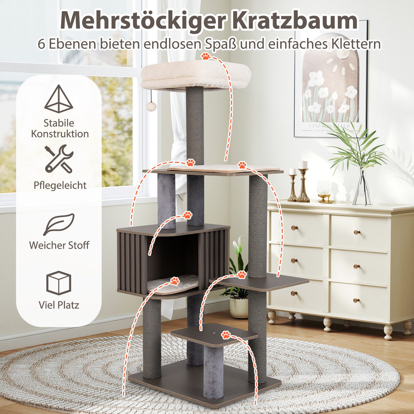 COSTWAY Kratzbaum, Katzenbaum, mit Plattformen, Katzenhöhle, 151cm hoch