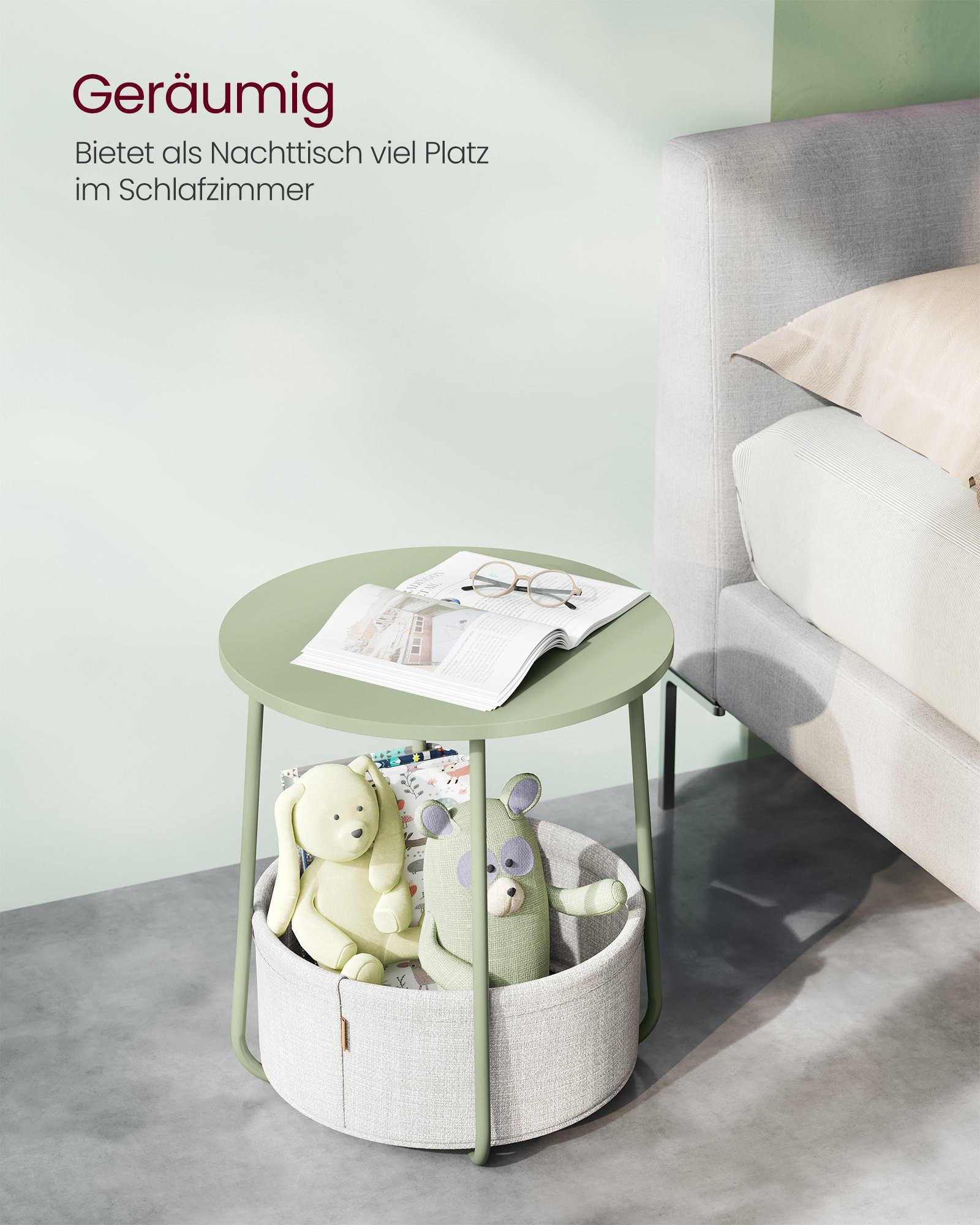 VASAGLE Beistelltisch, rund, Couchtisch, mit Korb aus Stoff, Ø45 cm, modern
