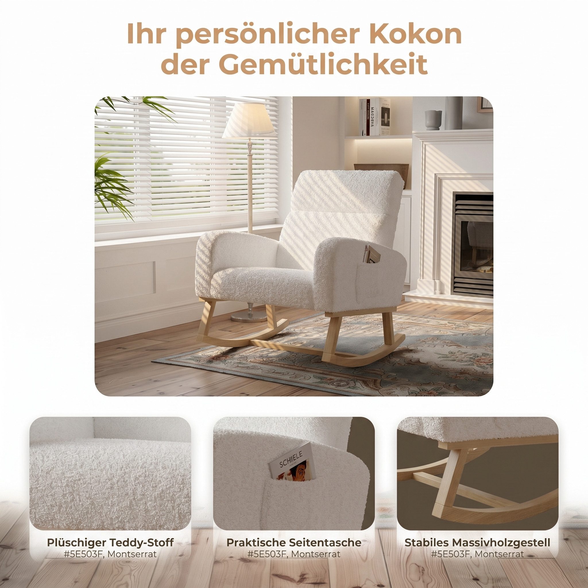 BELUPAI Schaukelstuhl Polster Schaukelsessel (Set, 1 St), mit Massivholzfüßen,für Schlafzimmer,2 Seitentaschen,Teddystoff,Weiß