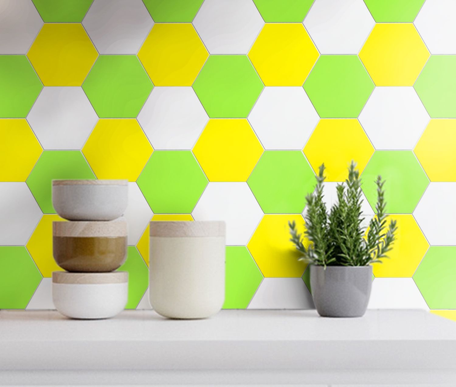Mosani Wandfliese Hexagon Vinyl Fliese Selbstklebend gelb matt, Spritzwasserbereich geeignet, Küchenrückwand Spritzschutz