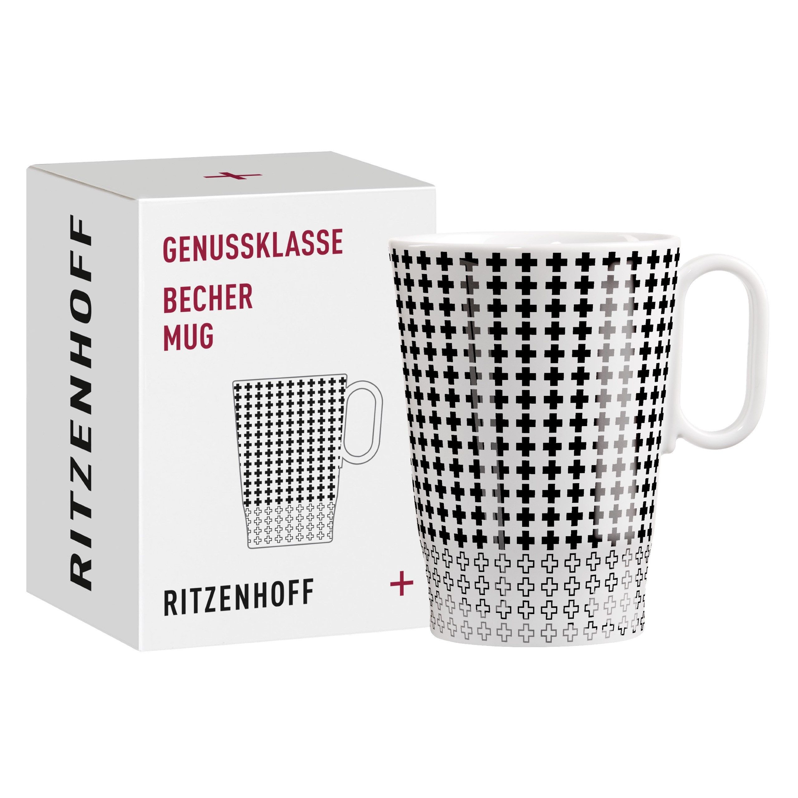 Ritzenhoff Tasse Genussklasse, Porzellan, Spülmaschinengeeignet, Weiß, Plus Zeichen, H: 11cm