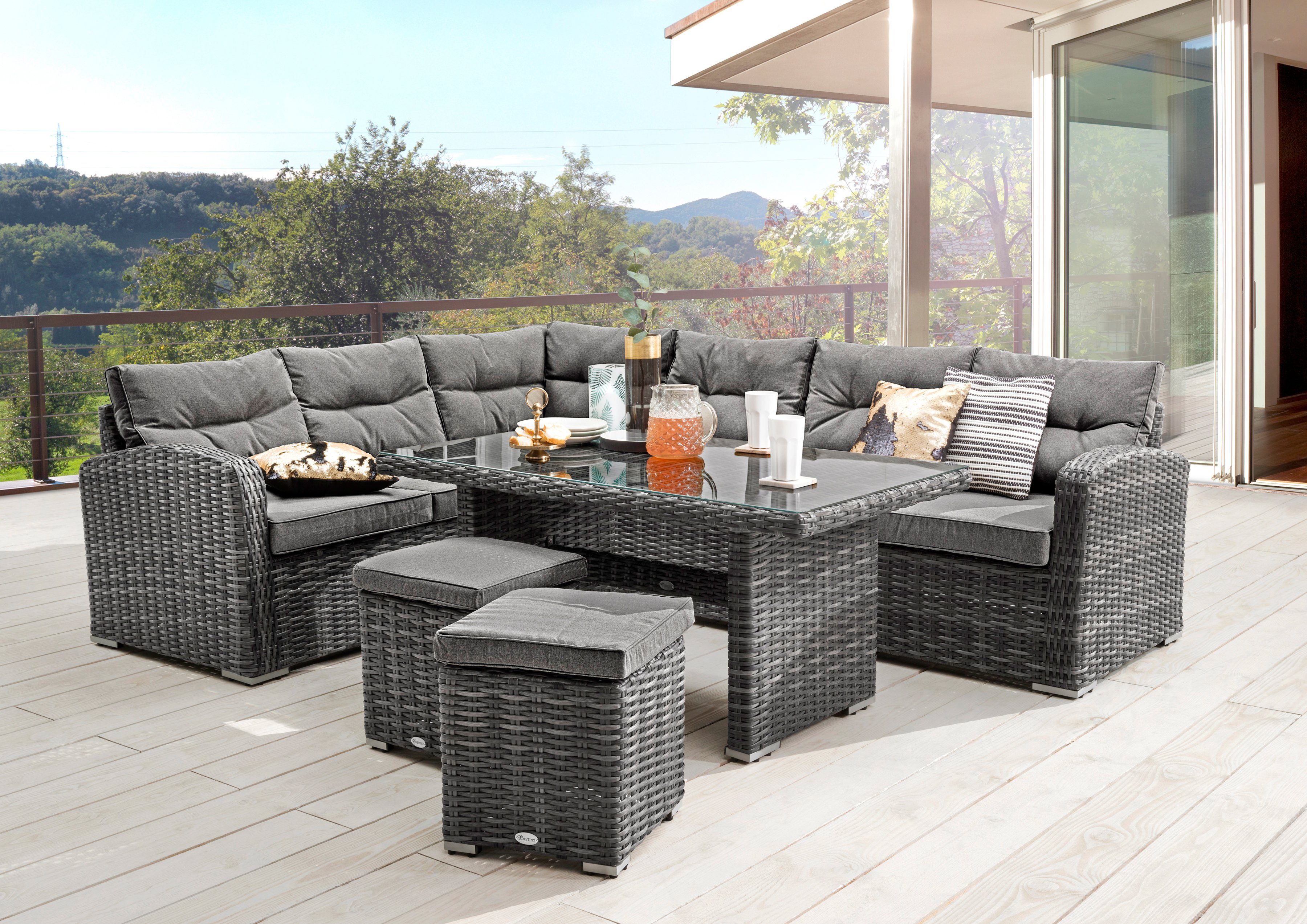 SANTA, Hocker, inkl. Tisch cm, Destiny 140x80x66 (Set, 2 Auflagen Ecklounge, 20-tlg), 1 Gartenlounge-Set