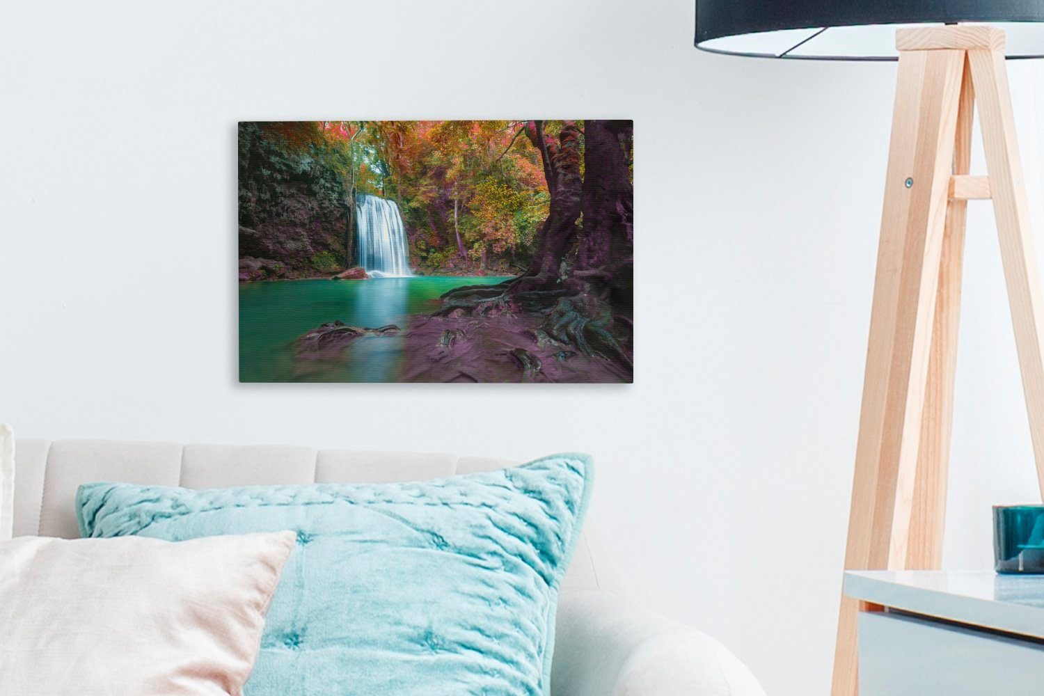 30x20 im Leinwandbild cm Blätter Aufhängefertig, Thailand, in Wasserfall OneMillionCanvasses® Wanddeko, Bunte (1 Wandbild St), Leinwandbilder, an Erawan-Nationalpark einem