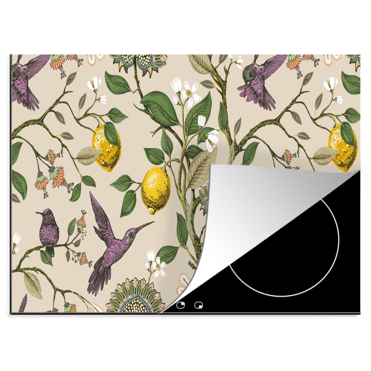 MuchoWow Herdblende-/Abdeckplatte Muster - Vogel - Pflanzen - Obst, Vinyl, (1 tlg), 60x52 cm, Mobile Arbeitsfläche nutzbar, Ceranfeldabdeckung