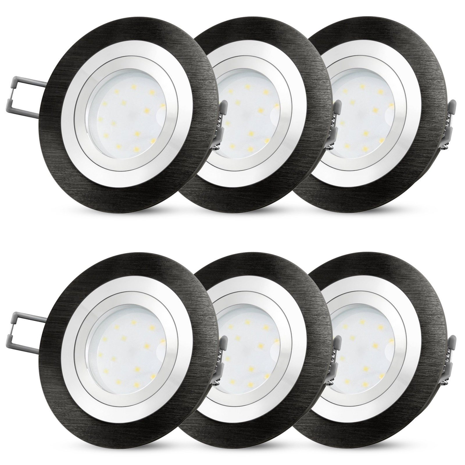 SSC-LUXon LED Einbaustrahler 6x RF-2 LED-Einbauspot flach Alu schwarz gebürstet mit LED neutralweiß, Neutralweiß