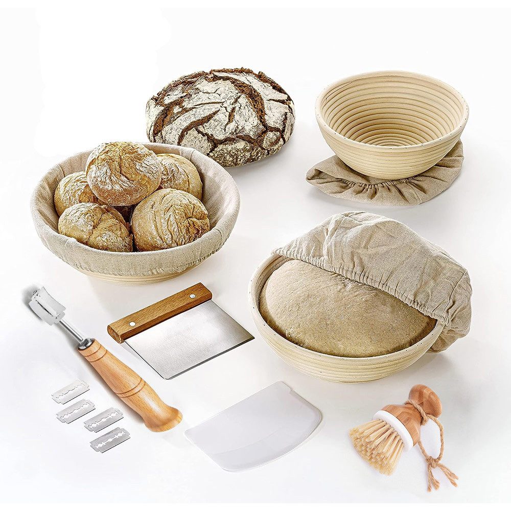 Rhein Beleuchtung Gärkorb Gärkörbchen Set 3-tlg. Brotkorb Rundformen aus Rattan & Antihaft, (10-tlg), Gärkorb Set Für Selbstgemachtes Brot - Inkl. Rezeptheft & Spatschutz