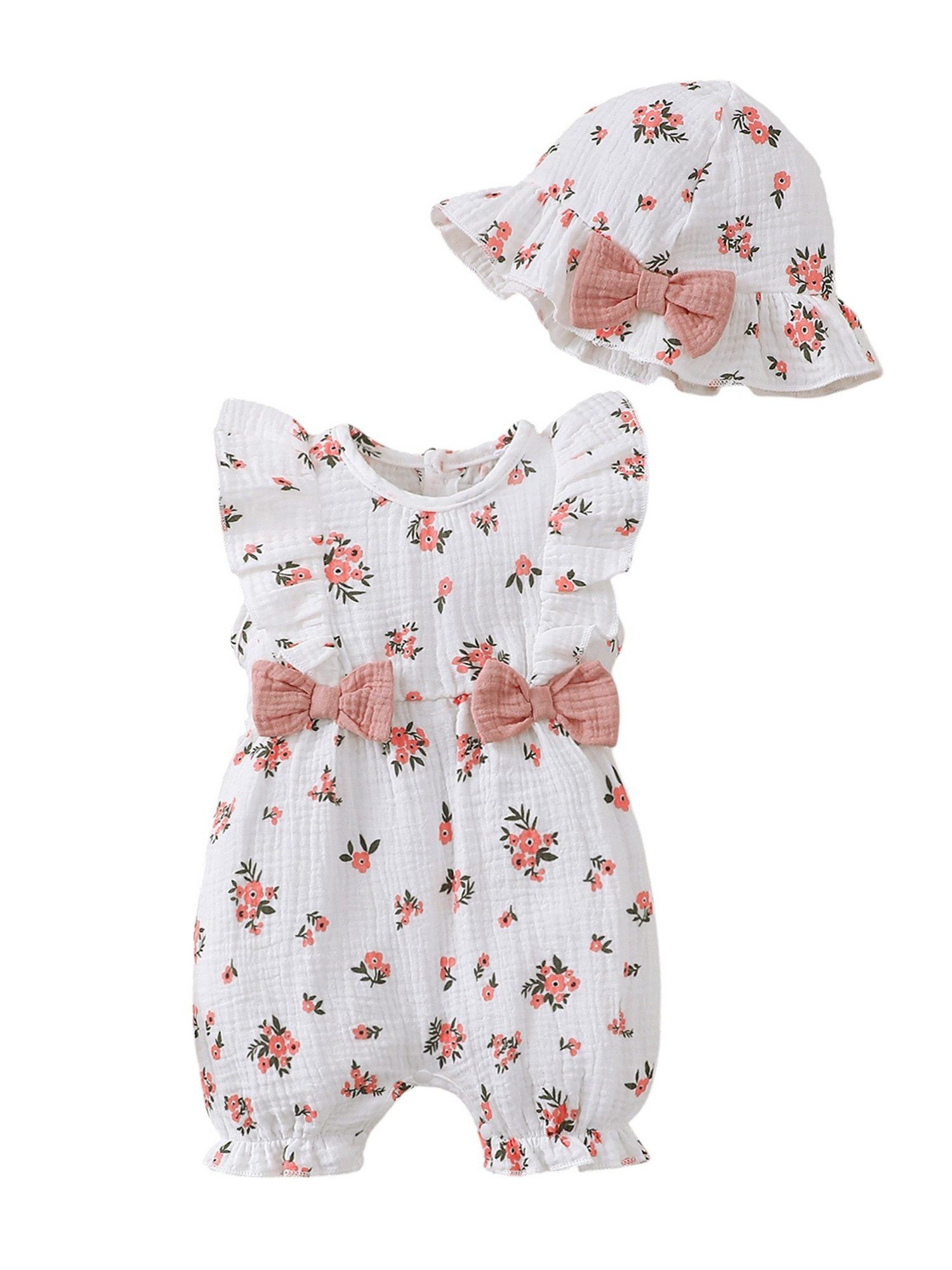 Gluckids Strampler Süßer kurzarm Body & Mütze mit Blumendruck für Babymädchen (Set, 2-tlg) Sommer Babykleidung aus Baumwolle, mit Rüschen