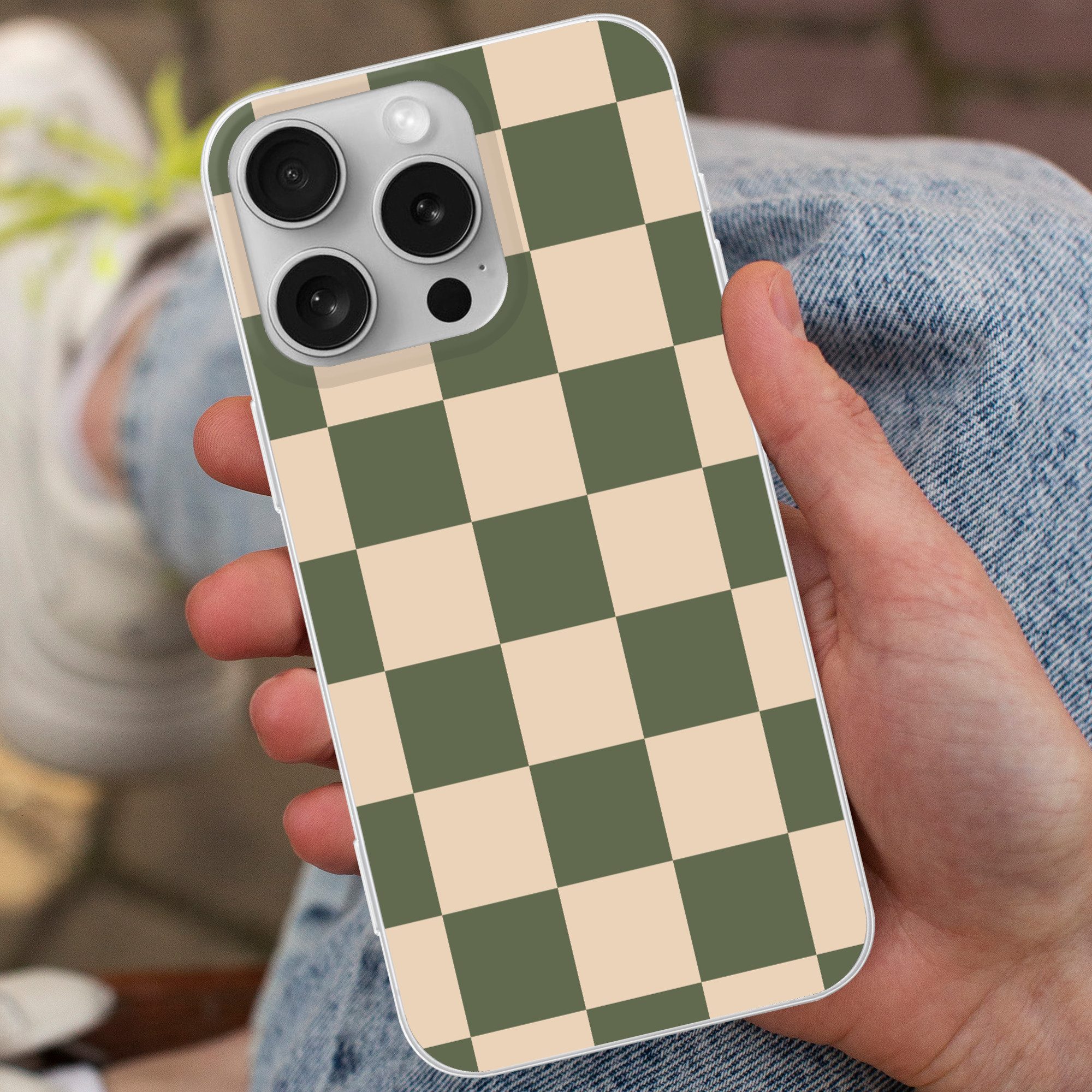 MuchoWow Handyhülle für Apple iPhone 16 Pro Schachbrettmuster - Grün - Beige - Blöcke, Smartphone-Bumper, Print, Handy Schutzhülle Dünn