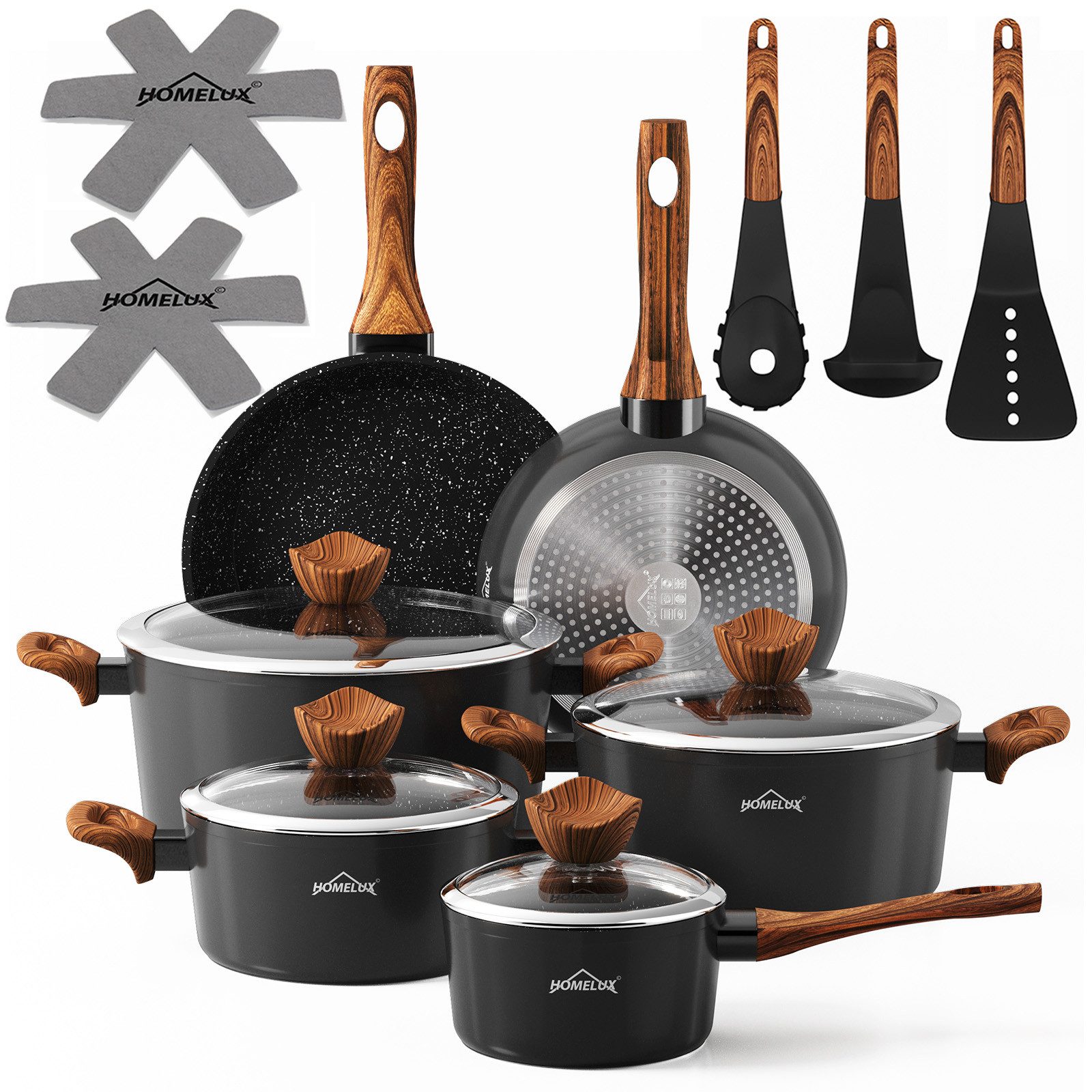 HOMELUX Topf-Set Induktions Töpfe Set mit Antihaftbeschichtung,Holzmaserung, Aluminiumguss (Set, 15-tlg., 24/28cm Pfanne,16cm Milchtopf,20/24/28cm Kochtopf,3 Spatel,2 Matten), für alle Herde