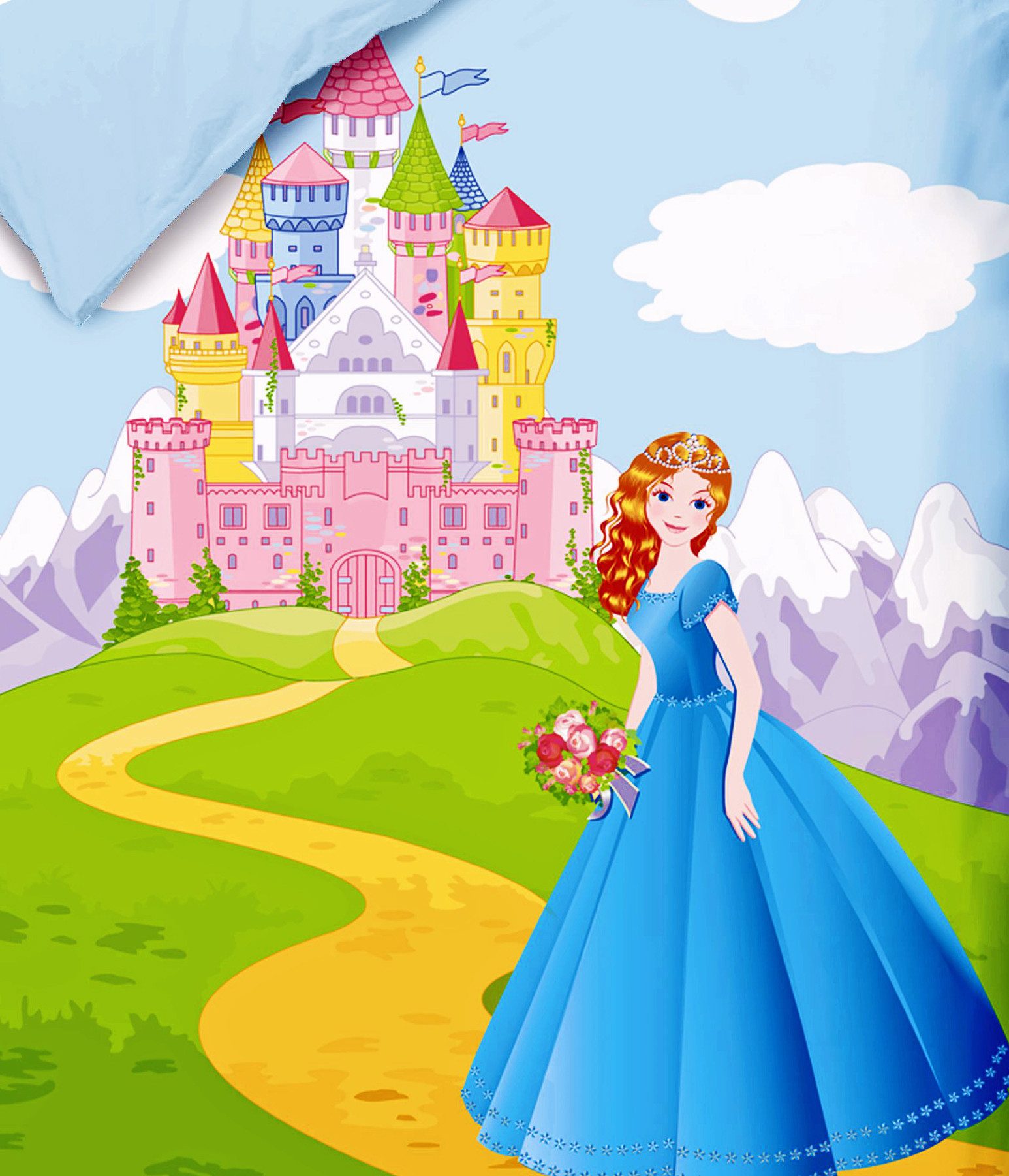 JACK Babybettwäsche 100x135cm Prinzessin Schloss Berge, Renforcé, 2 teilig, märchenhafte Babybettwäsche, Schloss in den Bergen mit Reißverschluss