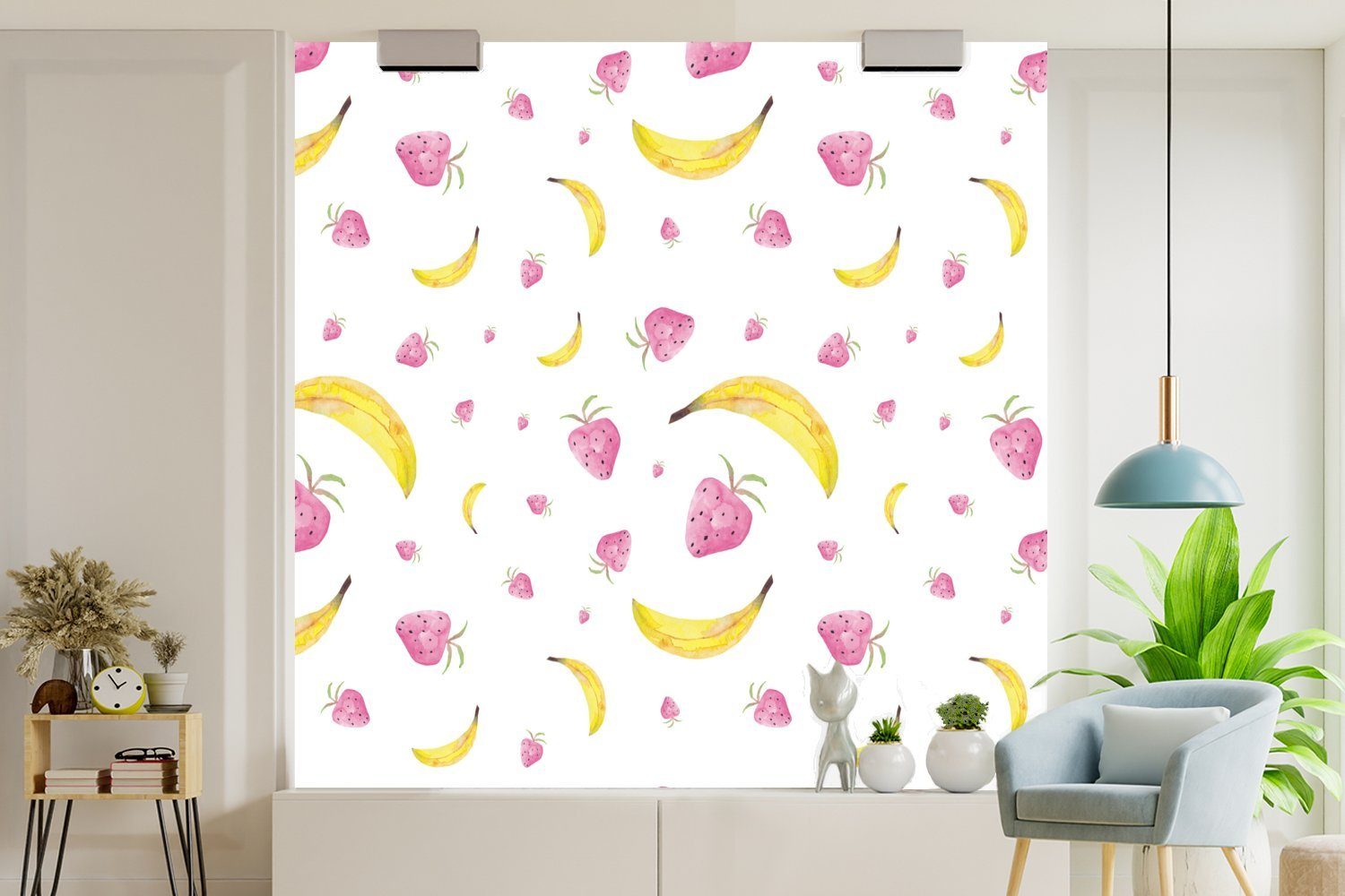 Matt, Weiß Design, Banane oder MuchoWow - - Tapete Schlafzimmer, St), für Vinyl - (5 Erdbeere bedruckt, Wandtapete Wohnzimmer Fototapete