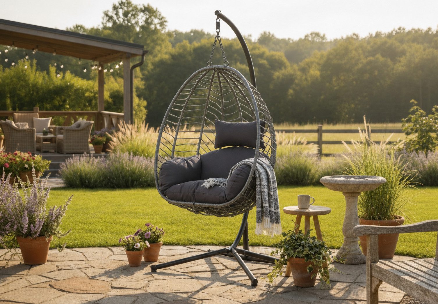 Home Collective Hängesessel Hängestuhl mit Gestell höhenverstellbar ideal für Garten und Balkon, inkl. extra dicke Sitzpolster Schaukelsessel Indoor & Outdoor