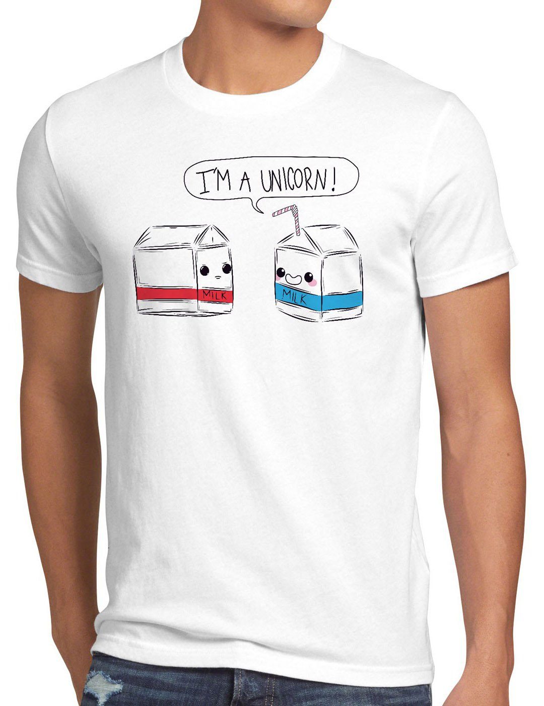 am Fun Milchtüte Einhorn style3 Herren T-Shirt Funshirt weiß Milk Print-Shirt Milch Spruch I Unicorn a