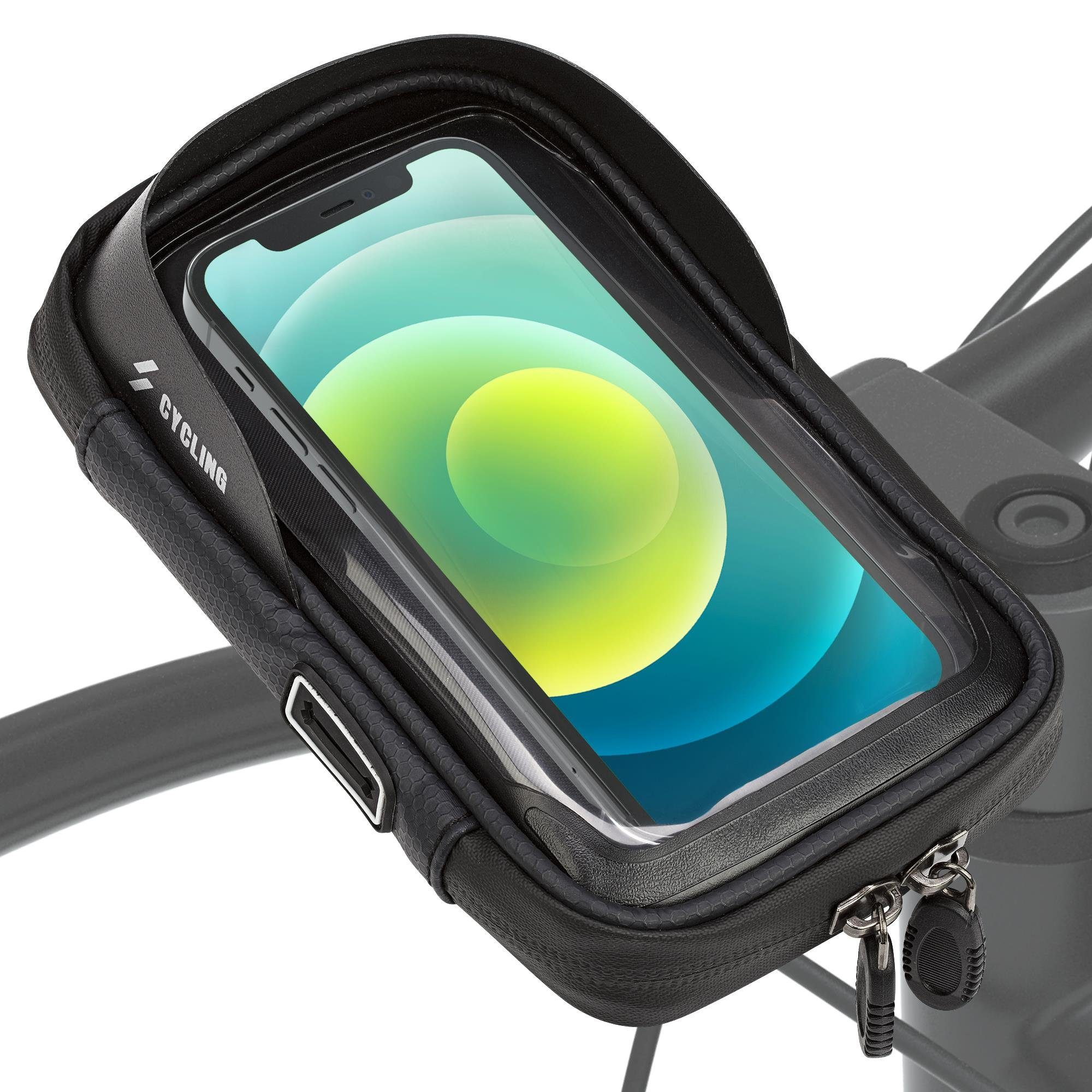 EAZY CASE Handyhülle Universal Fahrradhalterung Lenkertasche für Handys, Handyhalterung zur Montage am Fahrradlenker, wasserfeste Fahrradtasche, Handy Halterung mit Touchscreen, Navigation Tasche, 360° drehbar, Reflektor Navi Handyhalter, Schwarz