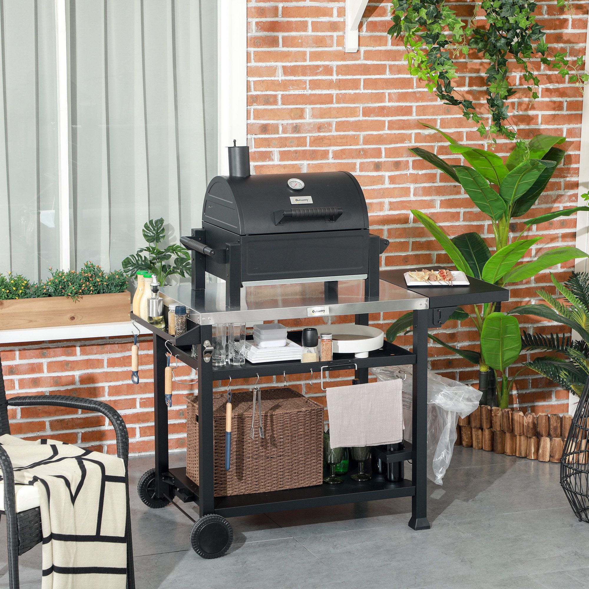 CHICFURN Grillablagetisch 85x55 cm Grillwagen mit klappbarem Beistelltisch, 3 Etagen (Packung, 1-St., 6 Haken, Rollen, Weinregal, Tischplatte), Praktischer Grilltisch für Garten & Terrasse