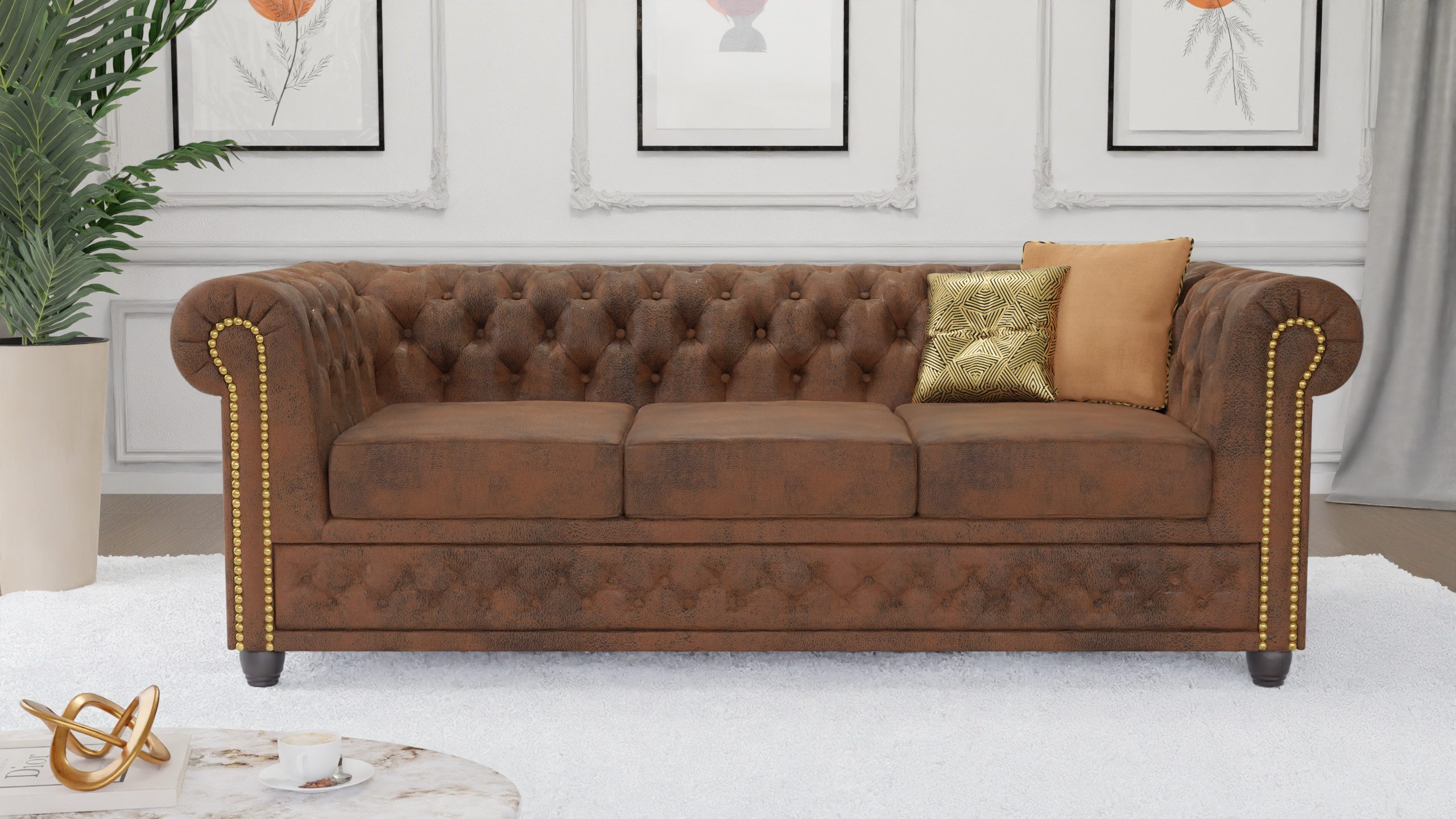 S-Style Möbel Chesterfield-Sofa Anton 3-Sitzer Sofa mit Schlaffunktion mit Holzfüßen, 1x 3-Sitzer-Sofa mit Schlaffunktion, mit Wellenfederung