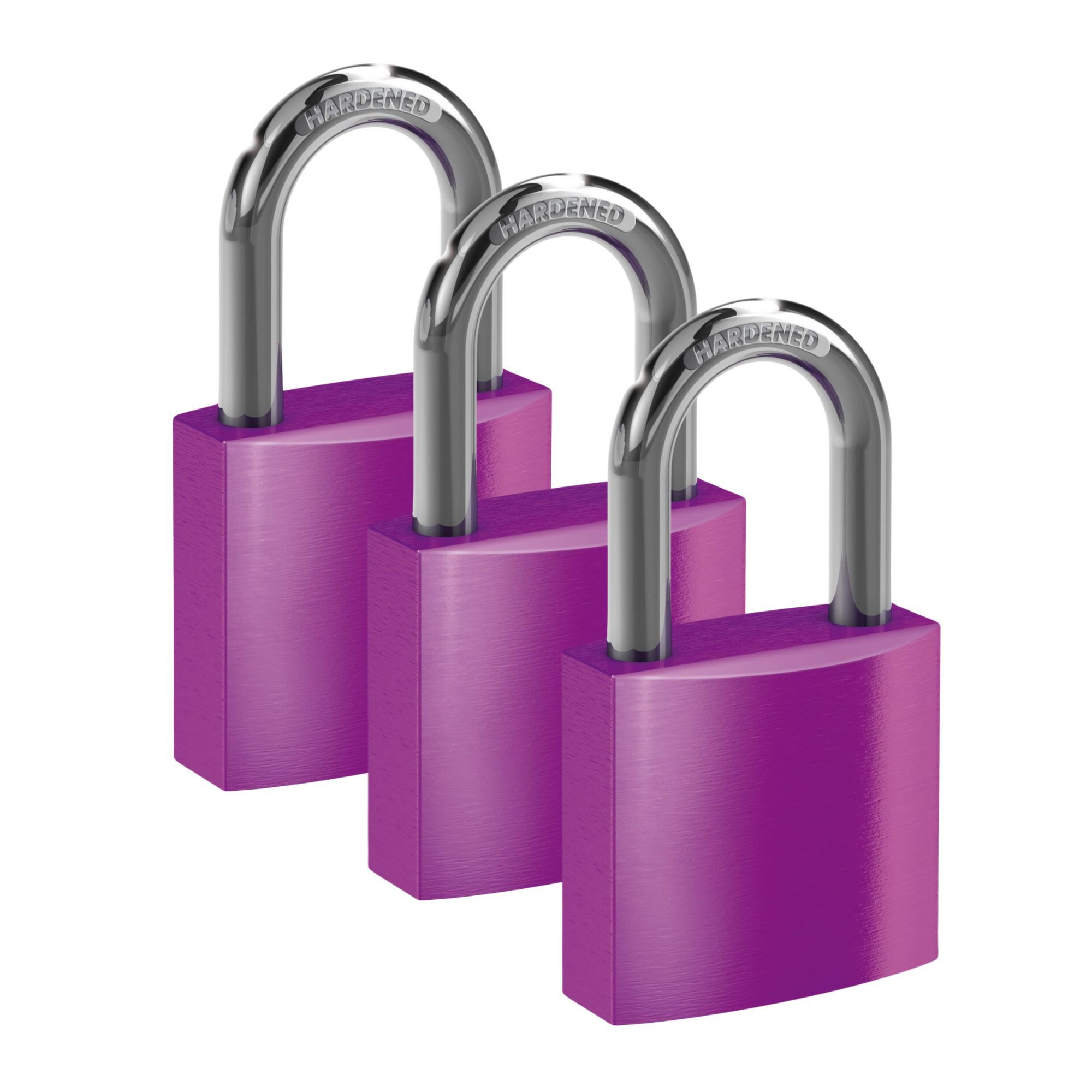 BASI Vorhängeschloss Vorhangschloss, (Spar-Set, 3-tlg), 3er Set, Breite 40 mm, Aluminium, Stahlbügel, VS, gravurfähig, Lila
