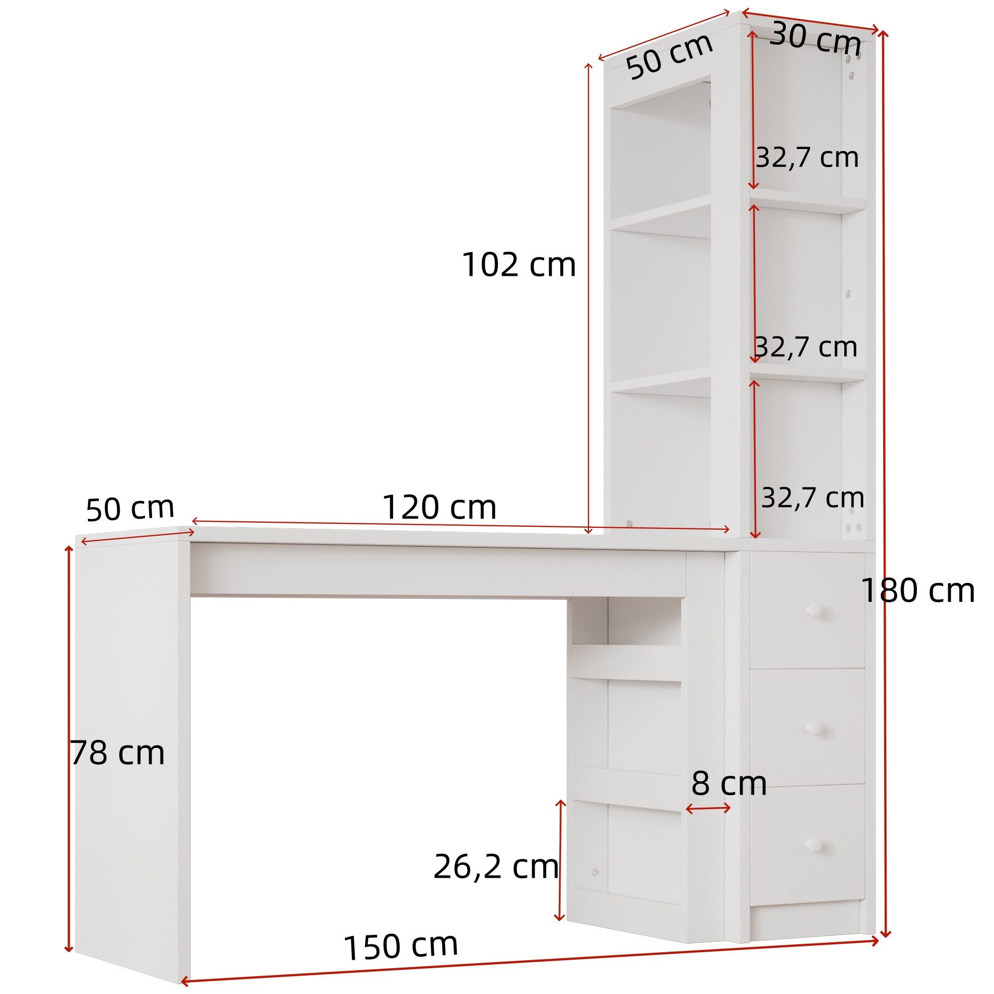 Ulife Arbeitstisch mit Schubladen und Seitenaufbewahrung, Weiß, 150x50x180 cm (1-St), Platzsparendes Design, Kombinierte Funktionalität