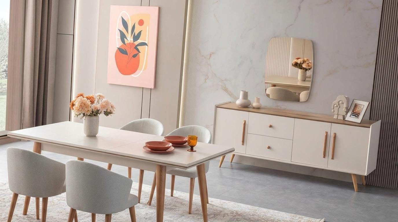 JVmoebel Esszimmer-Set Esstisch 4x Stühle Sideboard Spiegel Modern Beige Hell, (7-St), Made in Europa