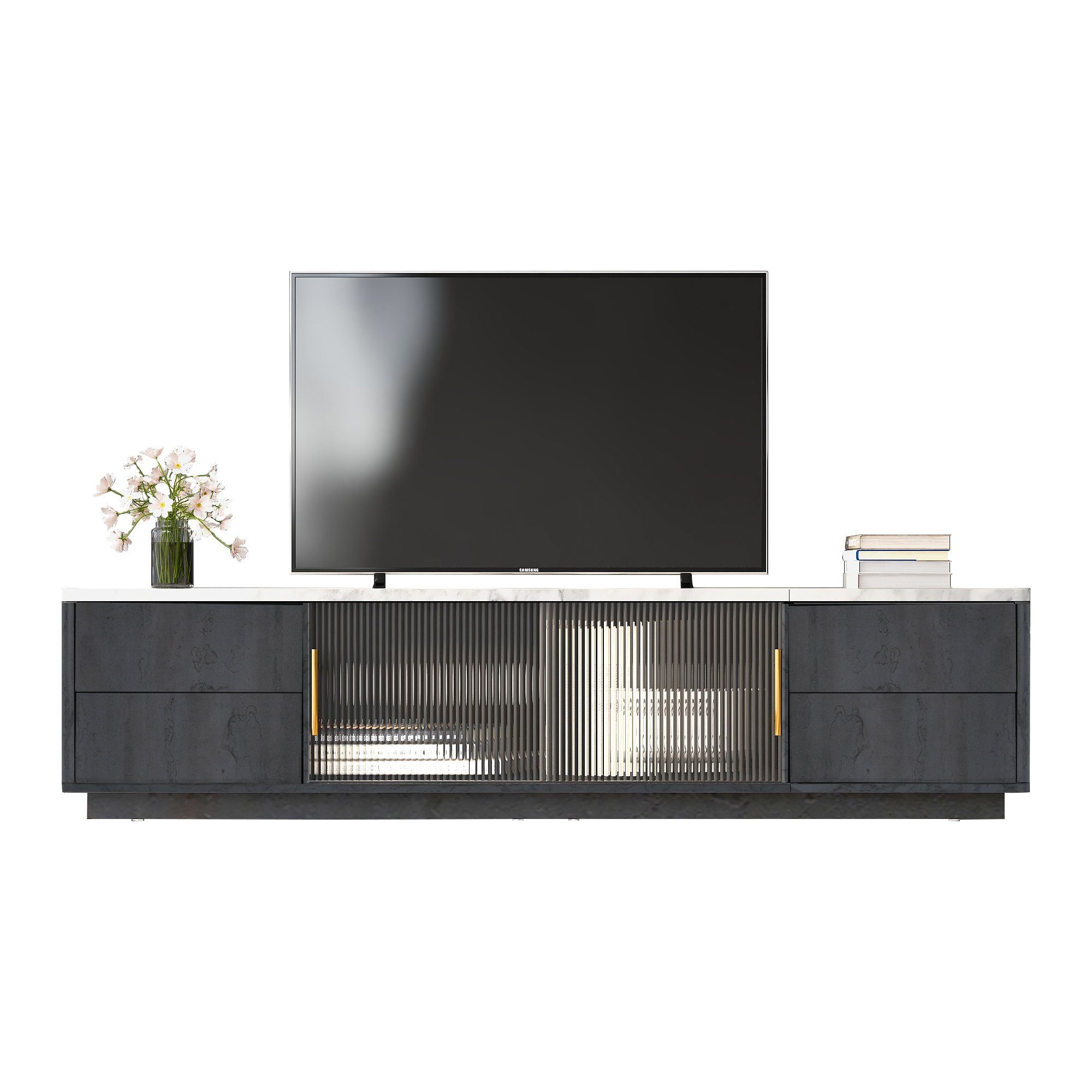 TV-Board Grau TV TV-Lowboards SPLOE mit Fernsehschrank Glastüren Schrank TV-Tisch TV-Schrank HAUSS