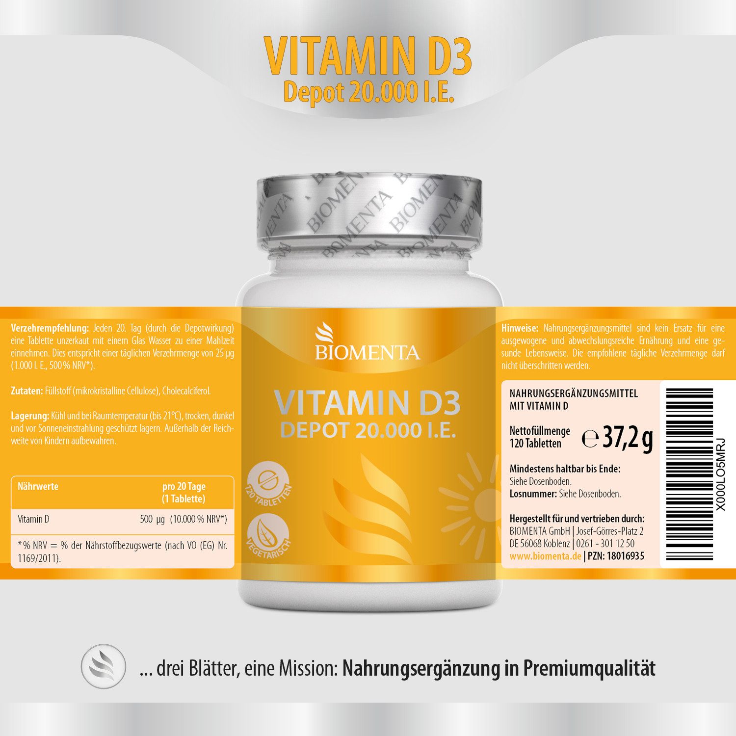 BIOMENTA Vitamin D3 Tabletten - 20.000 IE / St. - 120 Stück - Premiumqualität Tablette, 37.2 g